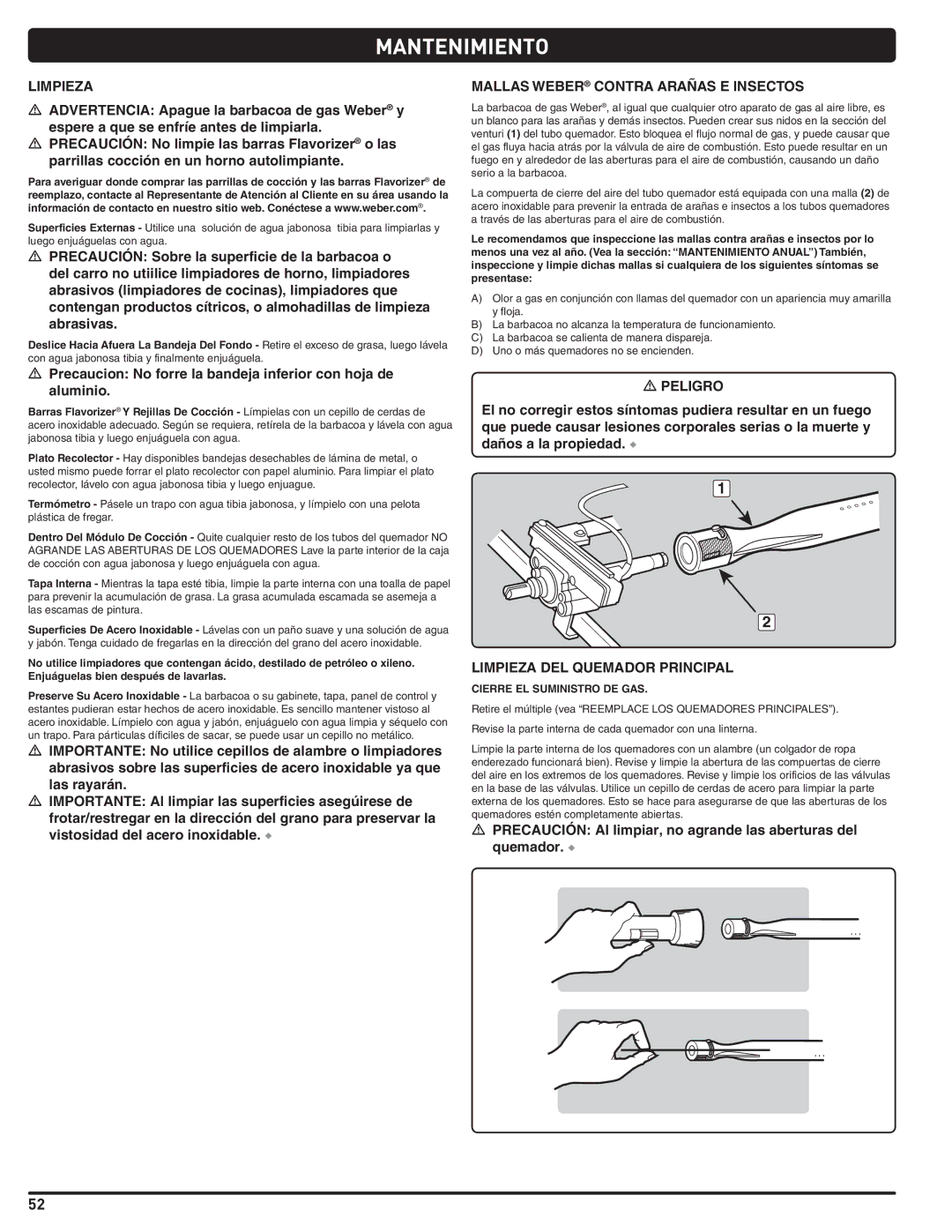 Weber 56219 manual Mantenimiento, Mallas Weber Contra Arañas E Insectos, Limpieza DEL Quemador Principal 