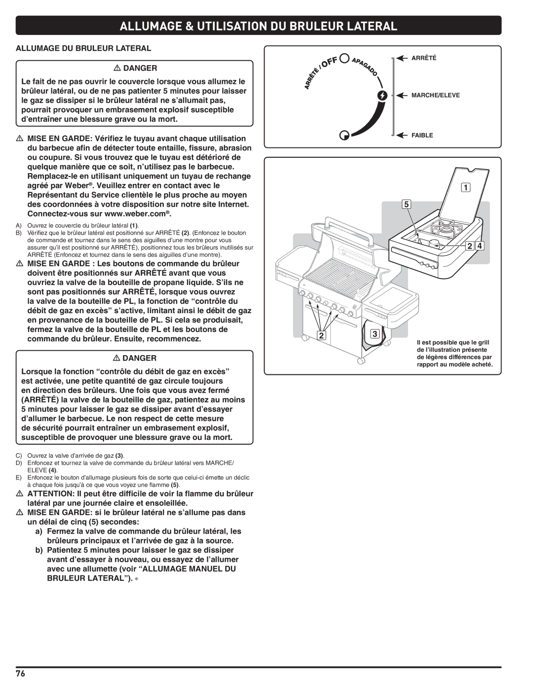 Weber 56219 manual Allumage & Utilisation DU Bruleur Lateral, Allumage DU Bruleur Lateral, Arrêté MARCHE/ELEVE Faible 