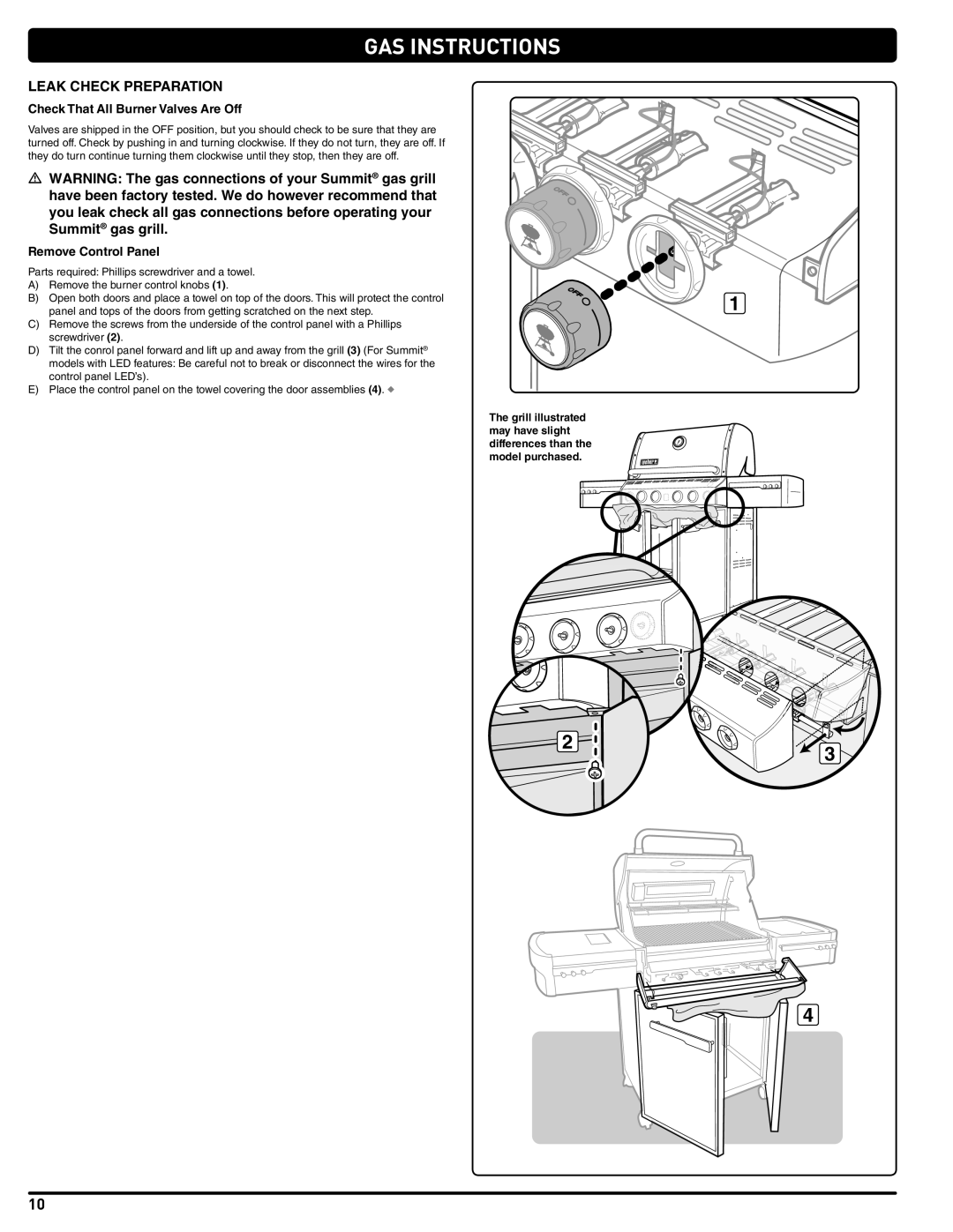 Weber 56221 manual Leak Check Preparation, Check That All Burner Valves Are Off, Remove Control Panel 