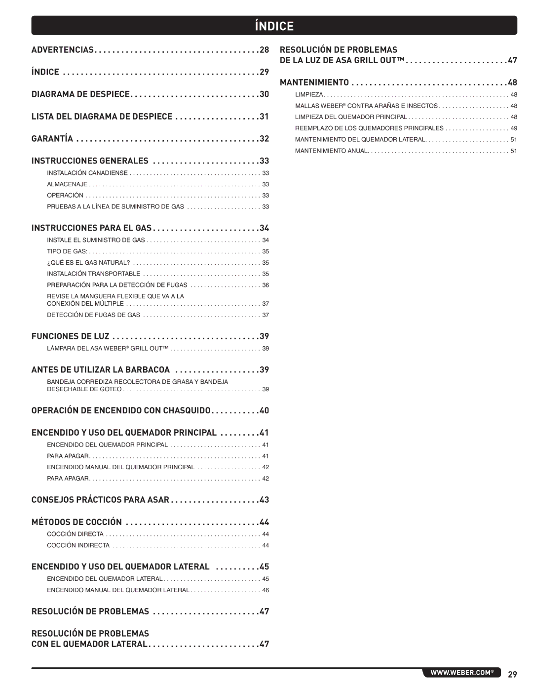 Weber 56221 manual Índice, Instrucciones Generales 