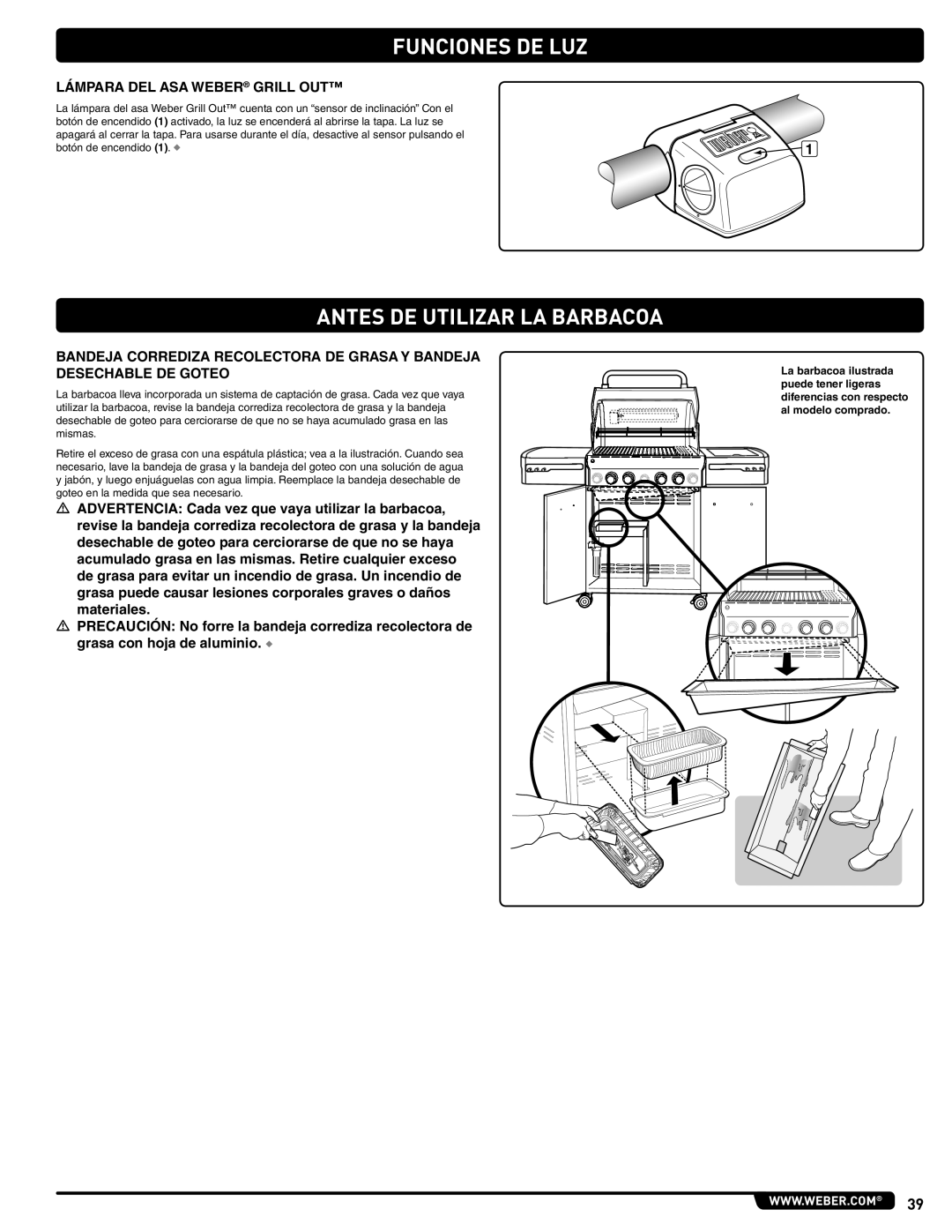 Weber 56221 manual Funciones DE LUZ, Antes DE Utilizar LA Barbacoa, Lámpara DEL ASA Weber Grill OUT 