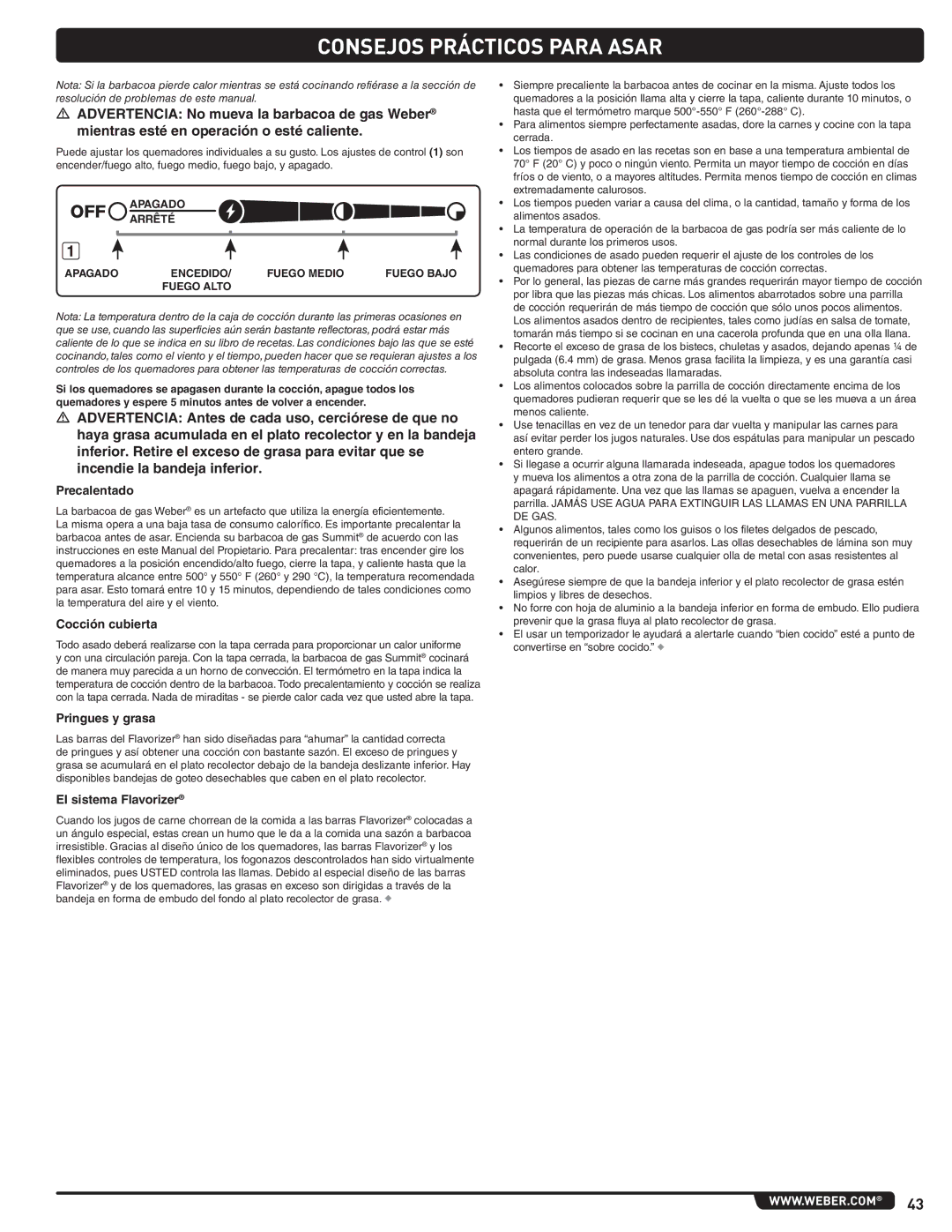 Weber 56221 manual Consejos Prácticos Para Asar, Precalentado, Cocción cubierta, Pringues y grasa, El sistema Flavorizer 