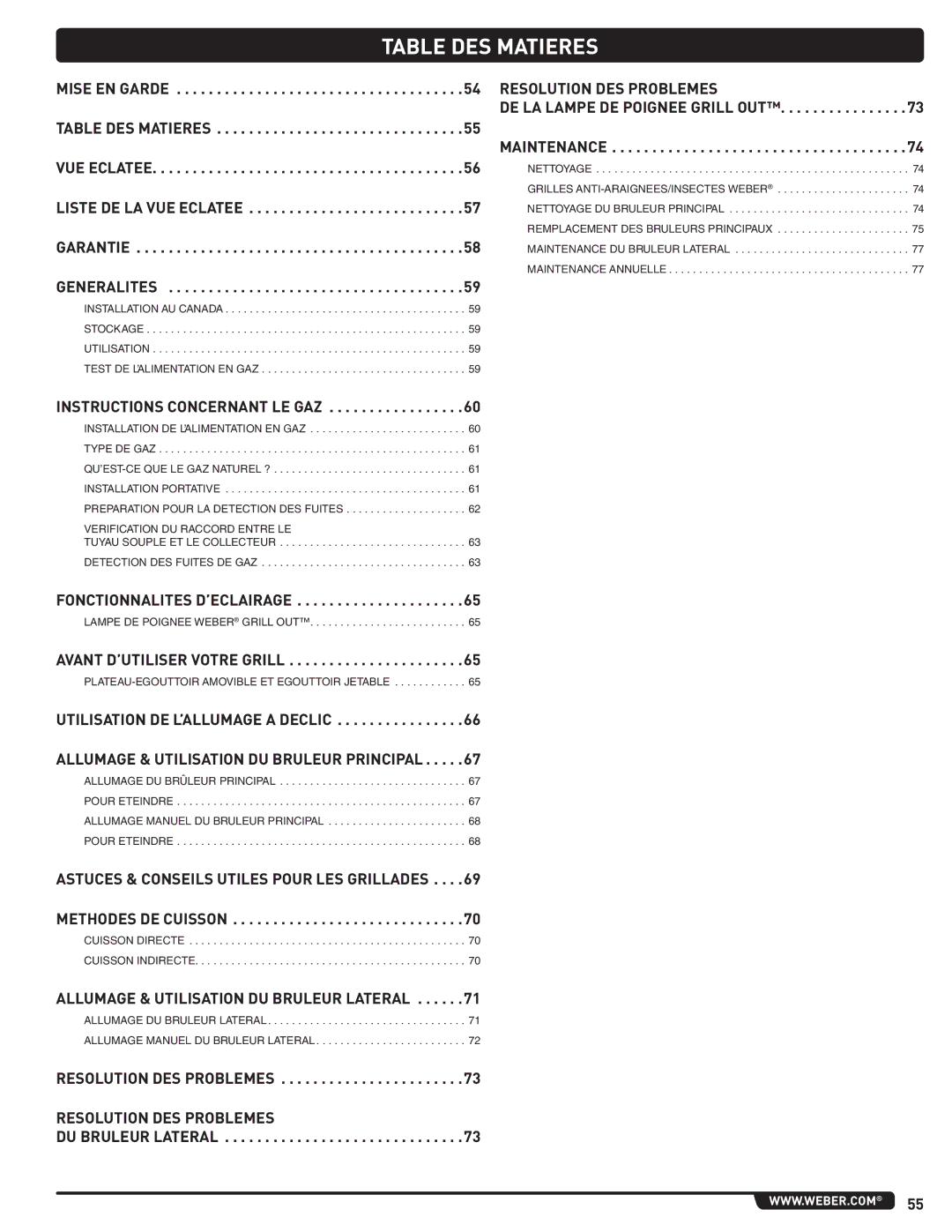 Weber 56221 manual Table DES Matieres, Instructions Concernant LE GAZ 