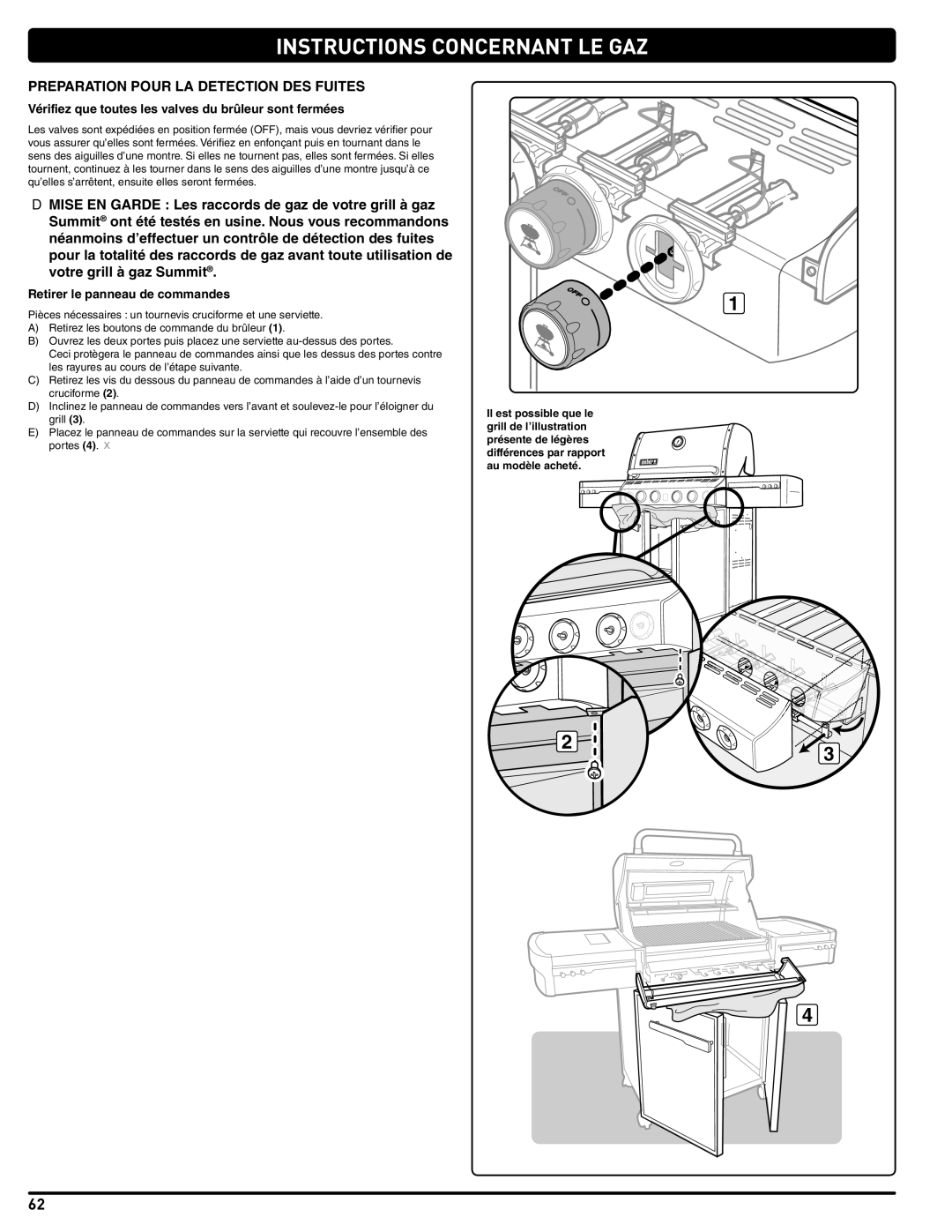 Weber 56221 manual Preparation Pour LA Detection DES Fuites, Vérifiez que toutes les valves du brûleur sont fermées 