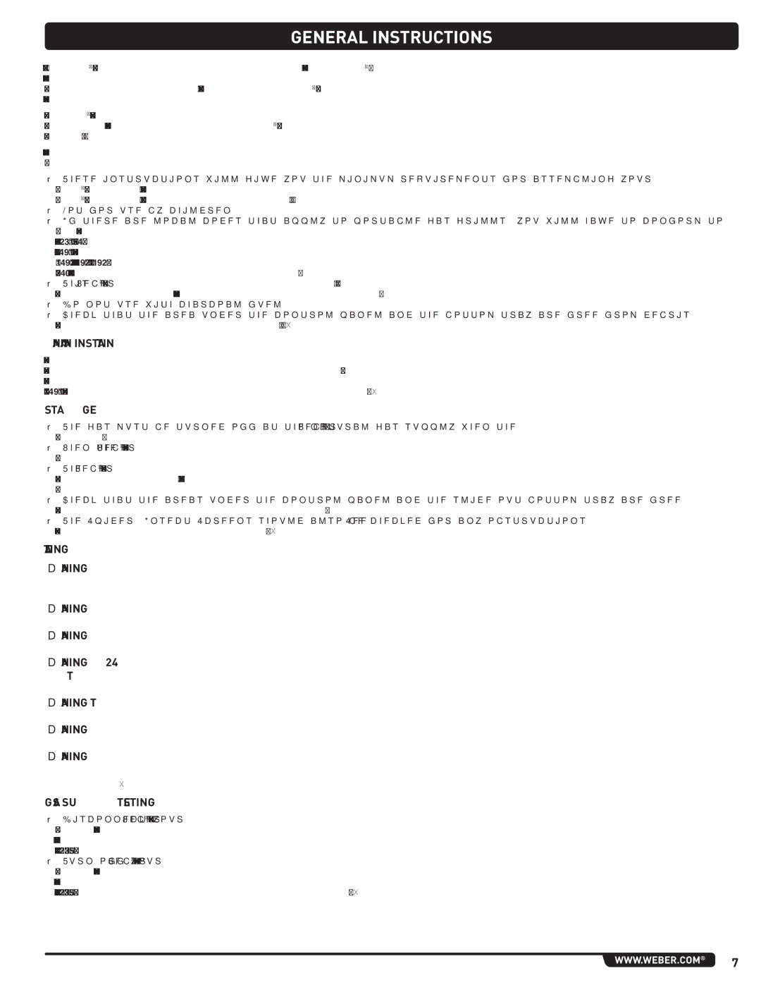 Weber 56221 manual General Instructions, Canadian Installation, Storage, Operating GAS Supply Testing 
