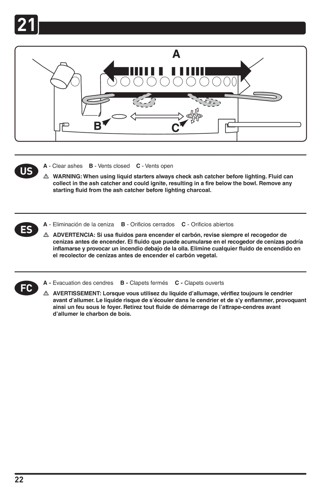 Weber 56224, 120409 manual Clear ashes B Vents closed C Vents open 
