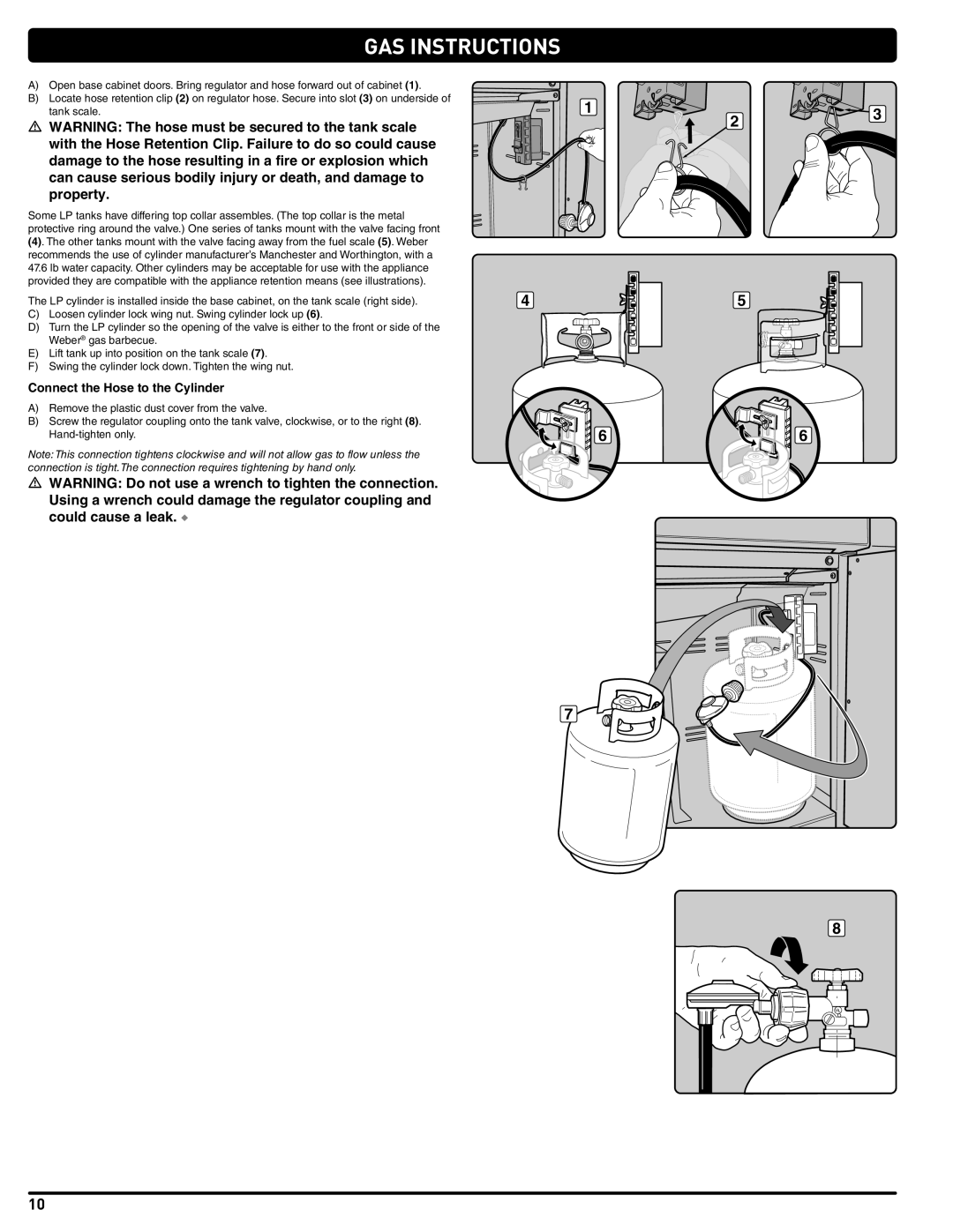 Weber 56514 manual GAS Instructions, Connect the Hose to the Cylinder 