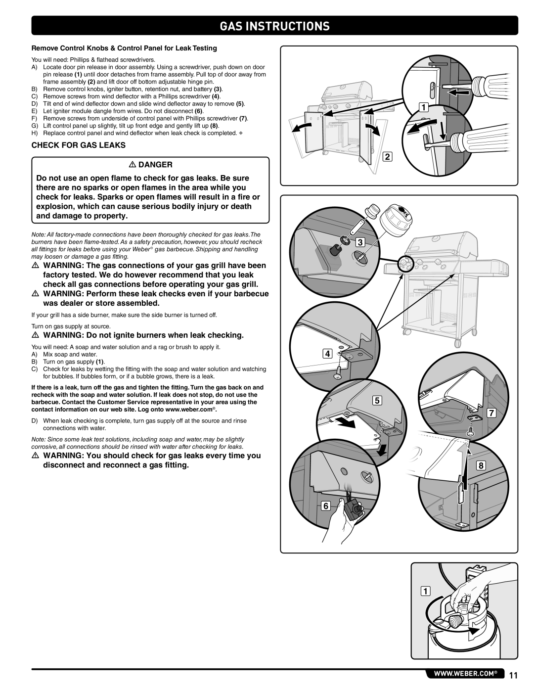 Weber 56514 manual Check for GAS Leaks, Remove Control Knobs & Control Panel for Leak Testing 