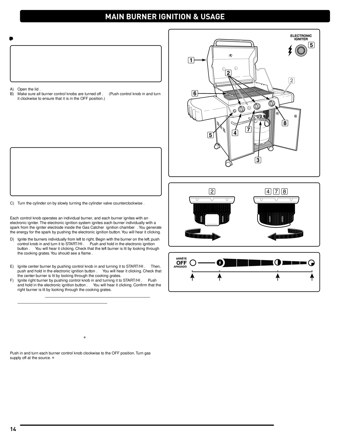 Weber 56514 manual Main Burner Ignition & Usage, To Extinguish, Electronic Ignition System 