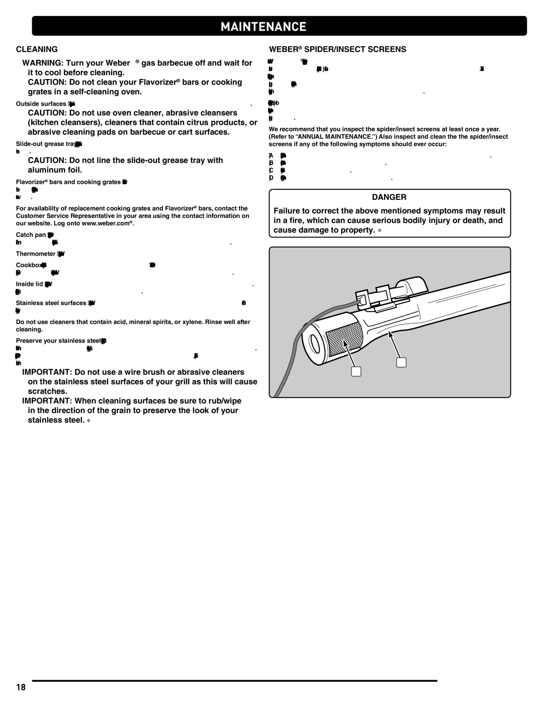 Weber 56514 manual Maintenance, Cleaning, Weber SPIDER/INSECT Screens 