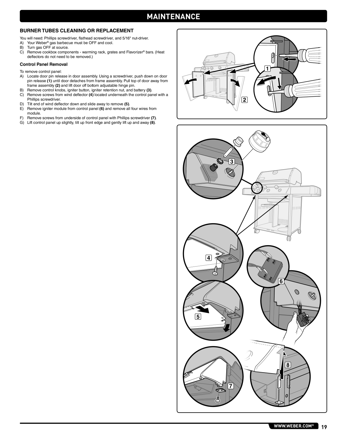 Weber 56514 manual Burner Tubes Cleaning or Replacement, Control Panel Removal 