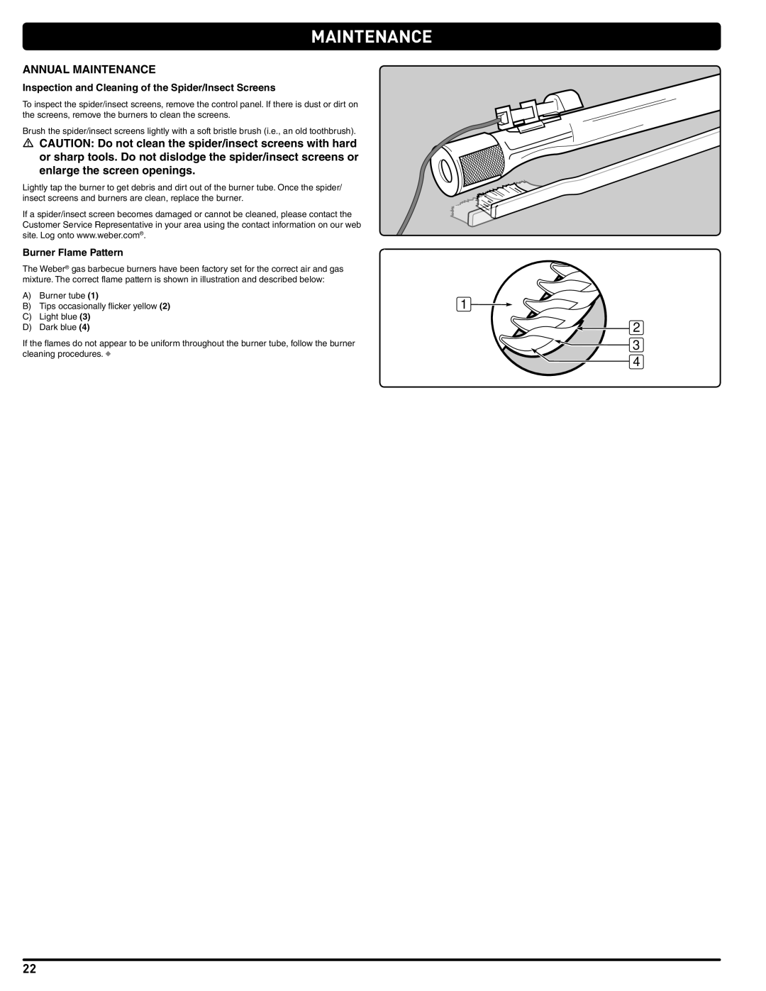 Weber 56514 manual Annual Maintenance, Inspection and Cleaning of the Spider/Insect Screens, Burner Flame Pattern 