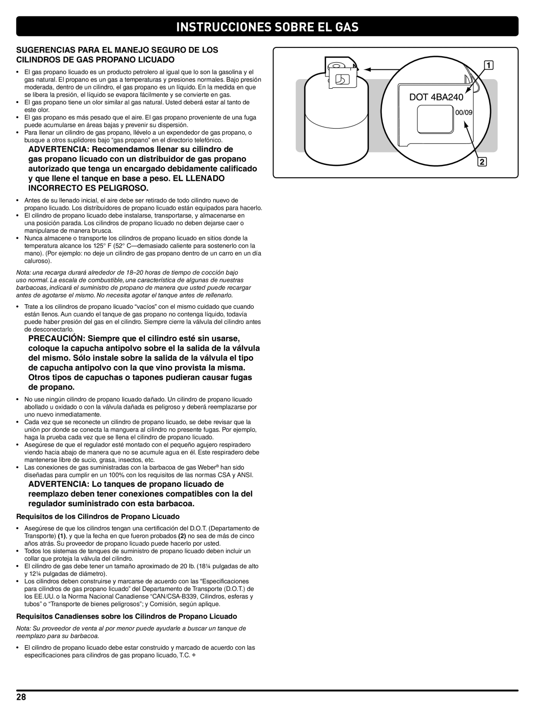 Weber 56514 manual Instrucciones Sobre EL GAS, Requisitos de los Cilindros de Propano Licuado 