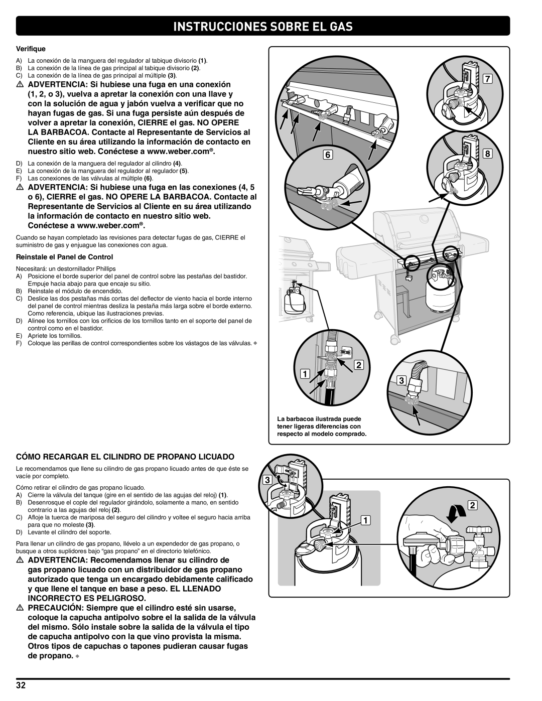 Weber 56514 manual Cómo Recargar EL Cilindro DE Propano Licuado, Verifique, Reinstale el Panel de Control 