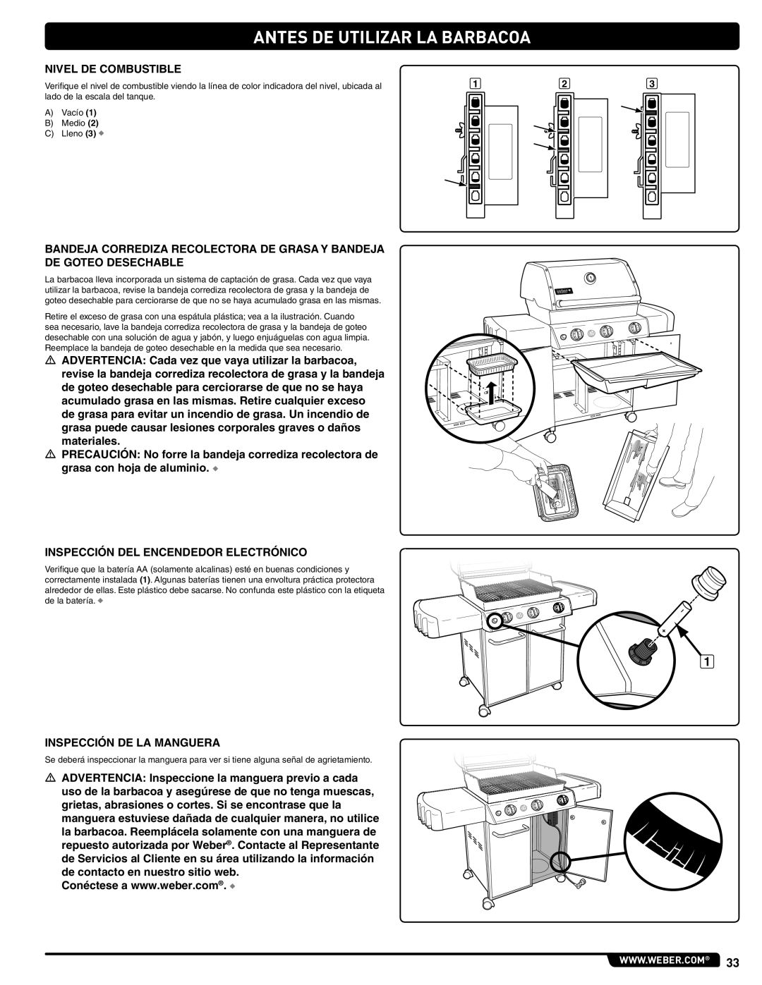 Weber 56514 manual Antes DE Utilizar LA Barbacoa, Nivel DE Combustible, Inspección DEL Encendedor Electrónico 