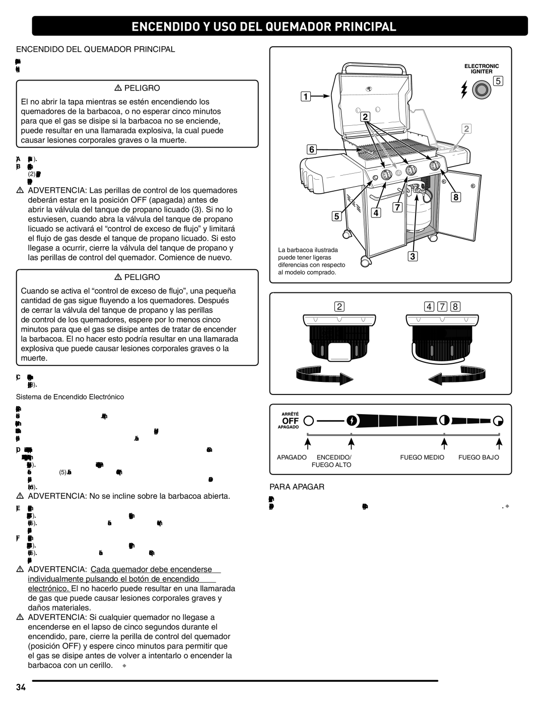 Weber 56514 manual Encendido Y USO DEL Quemador Principal, Encendido DEL Quemador Principal, Para Apagar 