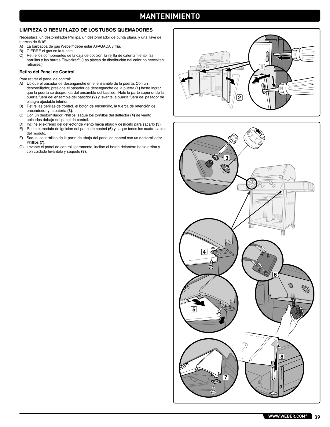 Weber 56514 manual Limpieza O Reemplazo DE LOS Tubos Quemadores, Retiro del Panel de Control 