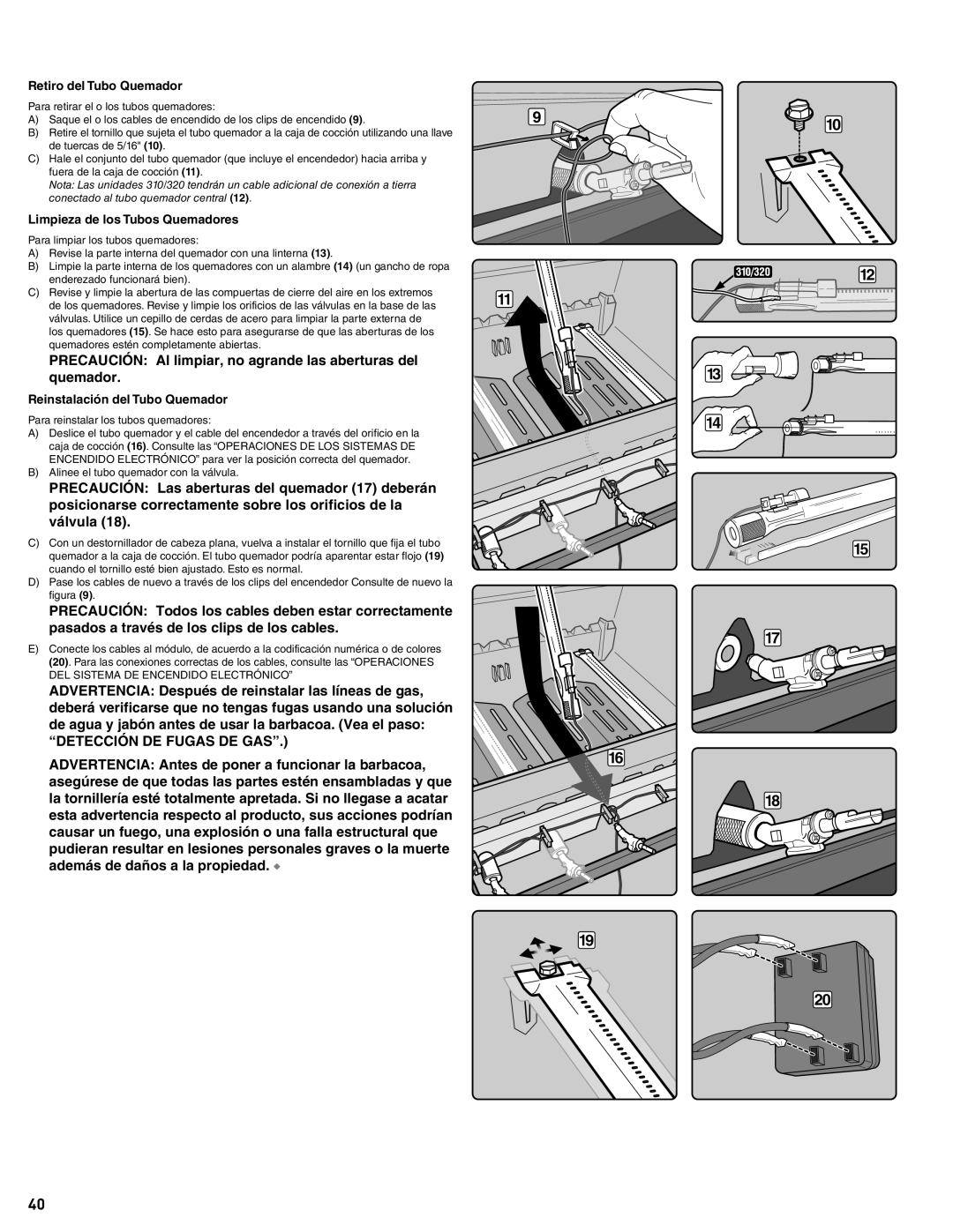 Weber 56514 manual Retiro del Tubo Quemador, Limpieza de los Tubos Quemadores, Reinstalación del Tubo Quemador 