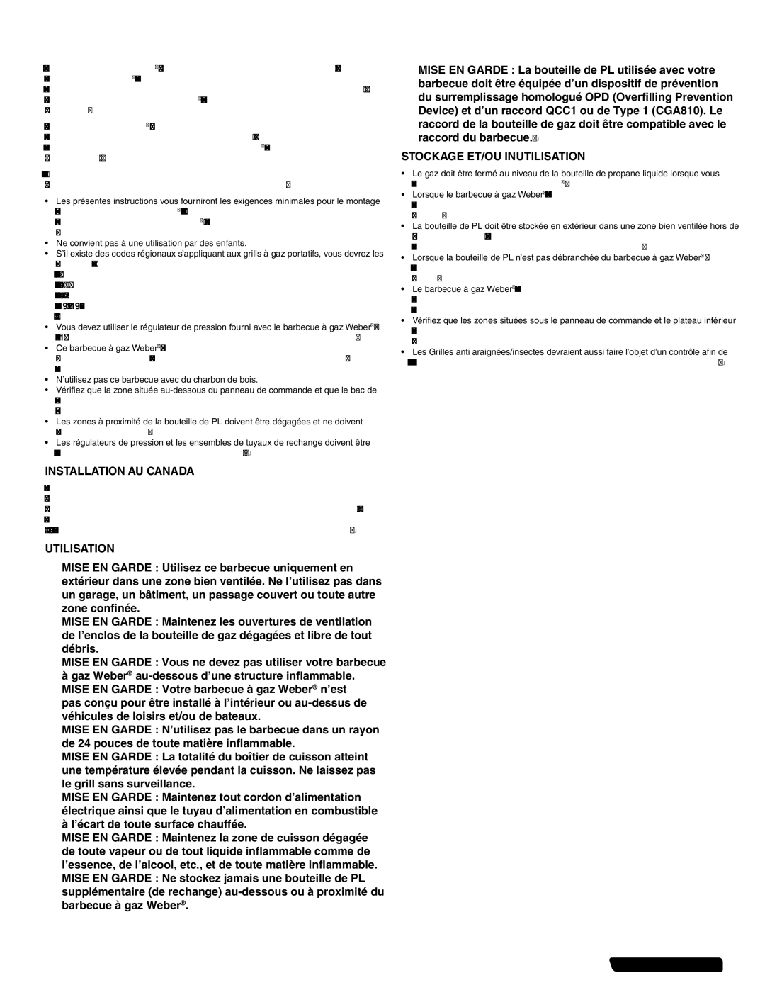 Weber 56514 manual Generalites, Installation AU Canada, Utilisation, Stockage ET/OU Inutilisation 