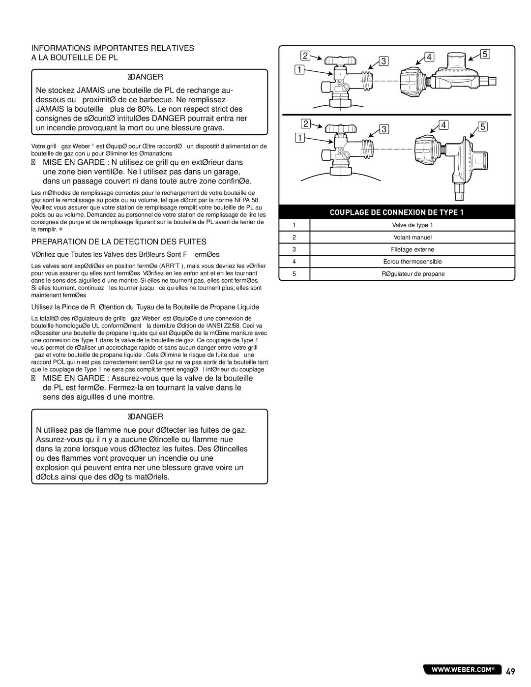 Weber 56514 manual Informations Importantes Relatives LA Bouteille DE PL, Preparation DE LA Detection DES Fuites 