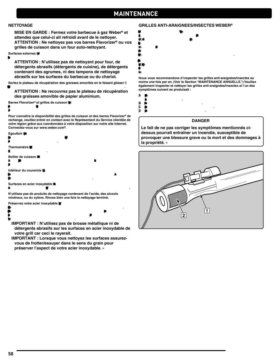 Weber 56514 manual Nettoyage, Grilles ANTI-ARAIGNEES/INSECTES Weber 