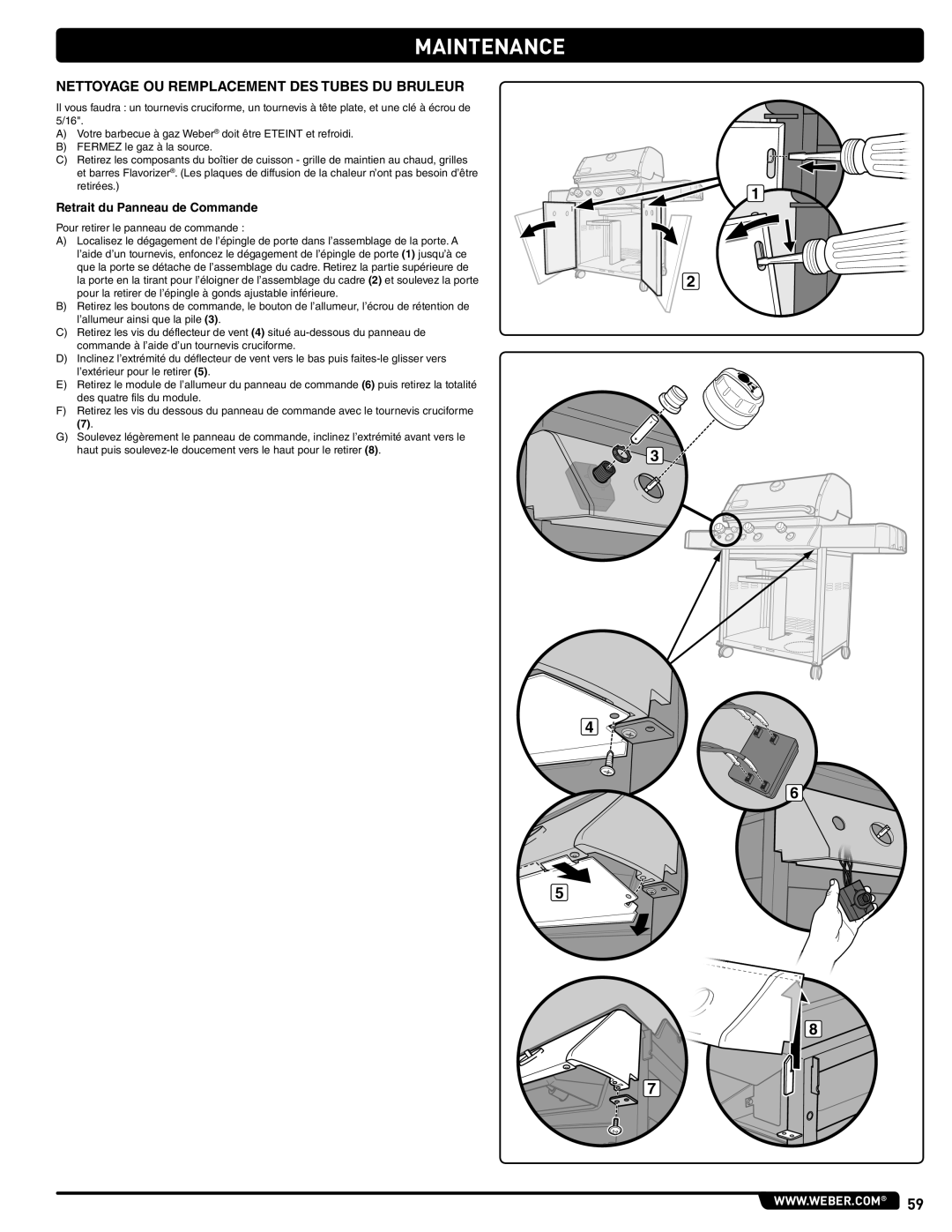 Weber 56514 manual Nettoyage OU Remplacement DES Tubes DU Bruleur, Retrait du Panneau de Commande 