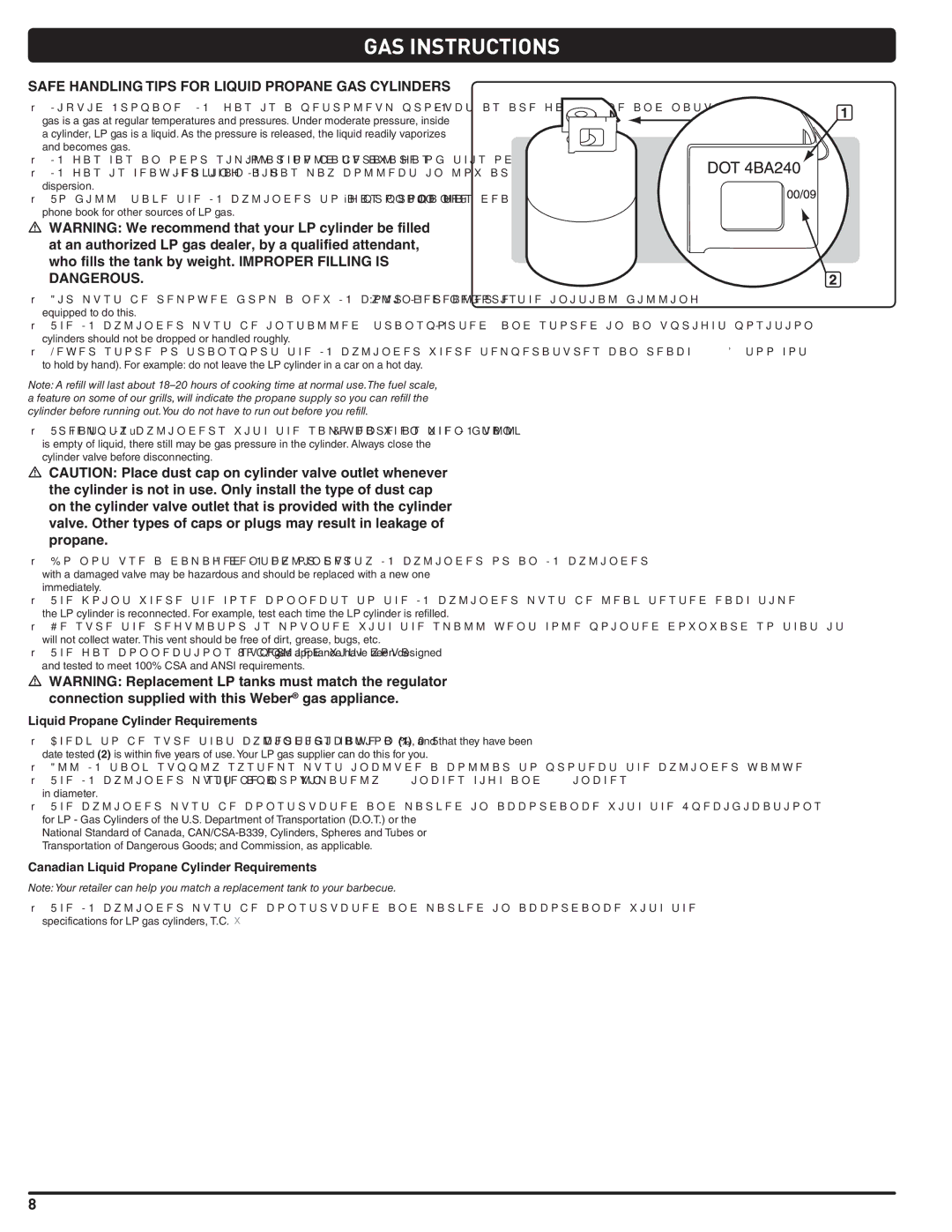 Weber 56514 GAS Instructions, Safe Handling Tips for Liquid Propane GAS Cylinders, Liquid Propane Cylinder Requirements 