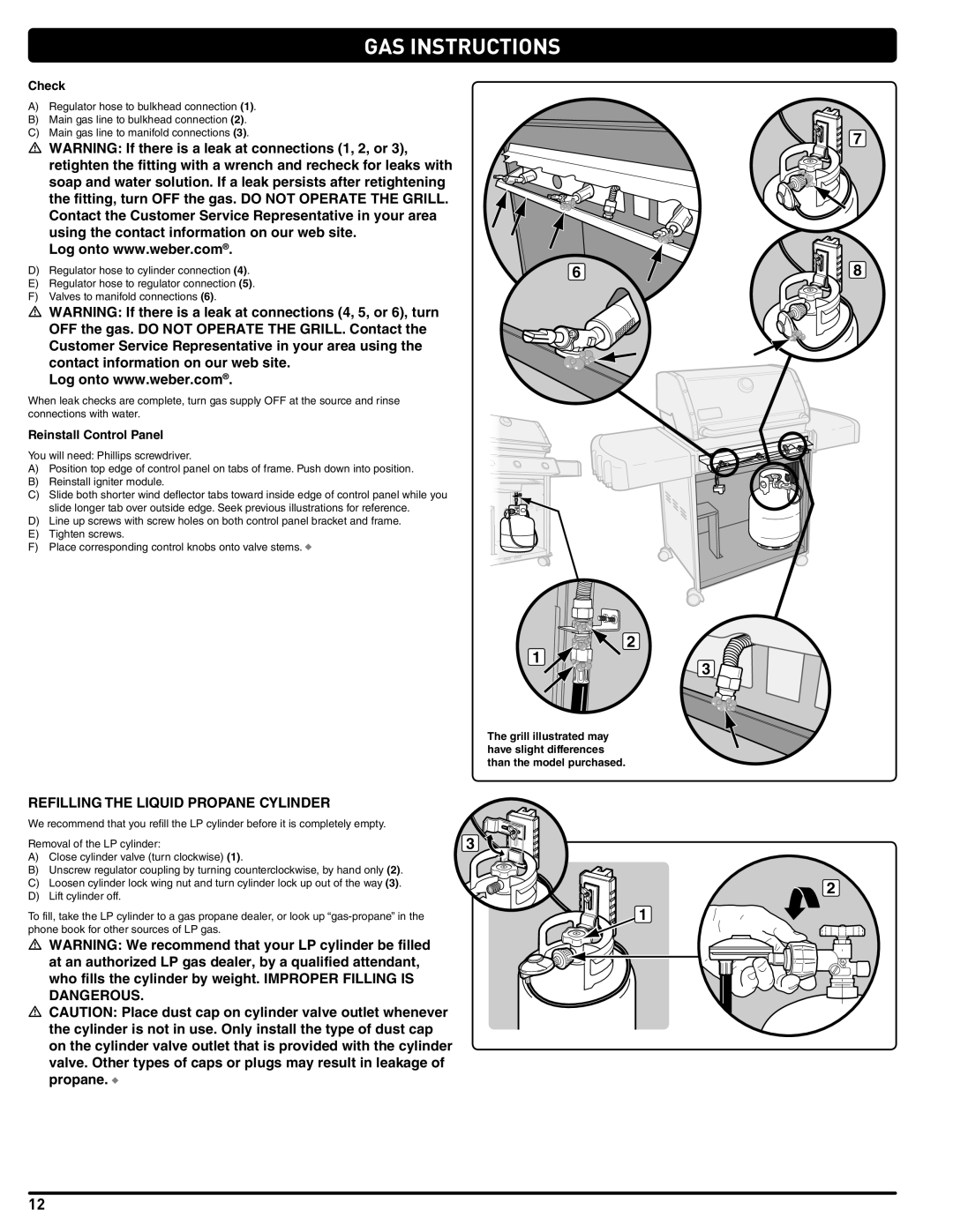 Weber 56514 manual Refilling the Liquid Propane Cylinder, Check, Reinstall Control Panel 