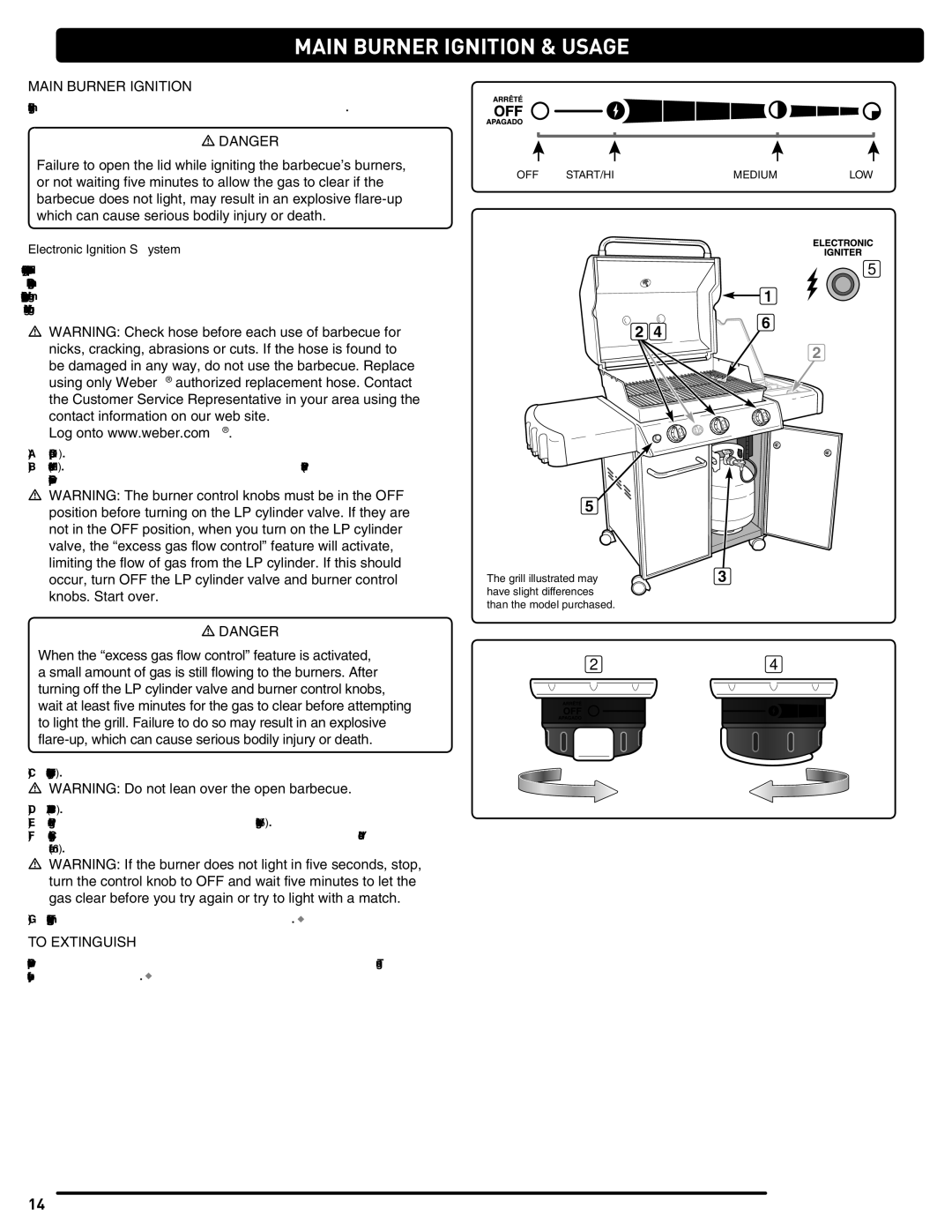 Weber 56514 manual Main Burner Ignition & Usage, To Extinguish, Electronic Ignition System 