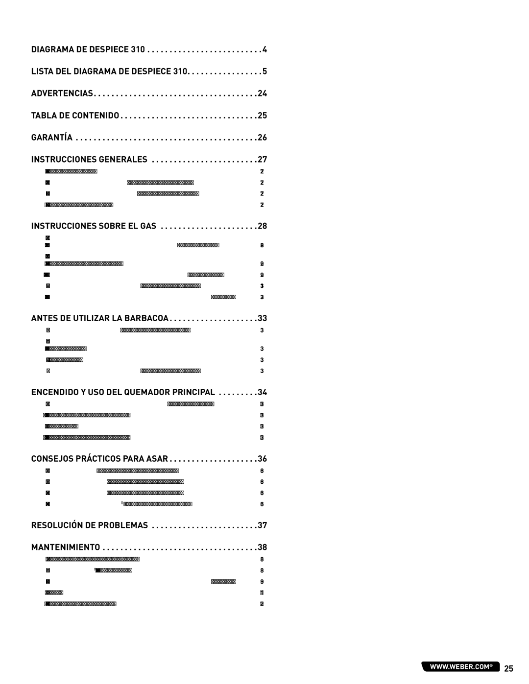 Weber 56514 manual Tabla DE Contenido, Instrucciones Generales 