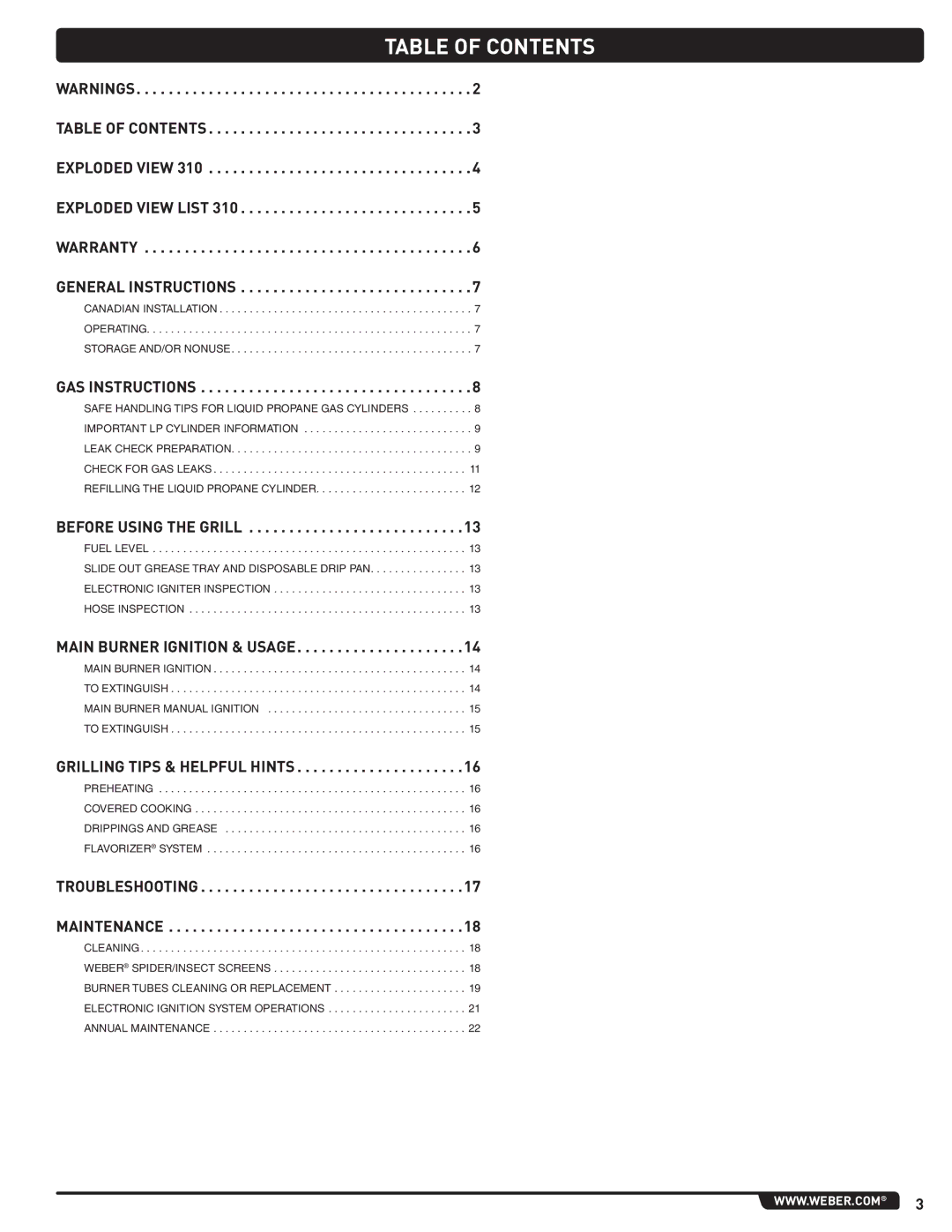 Weber 56514 manual Table of Contents 