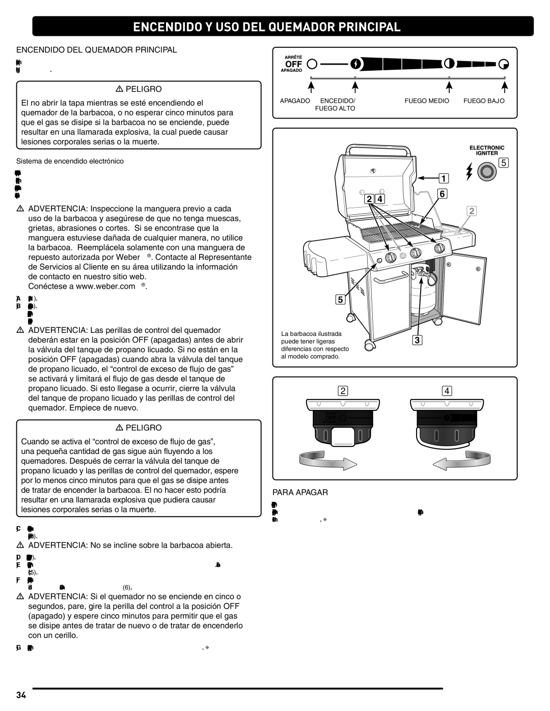 Weber 56514 manual Encendido Y USO DEL Quemador Principal, Encendido DEL Quemador Principal, Para Apagar 