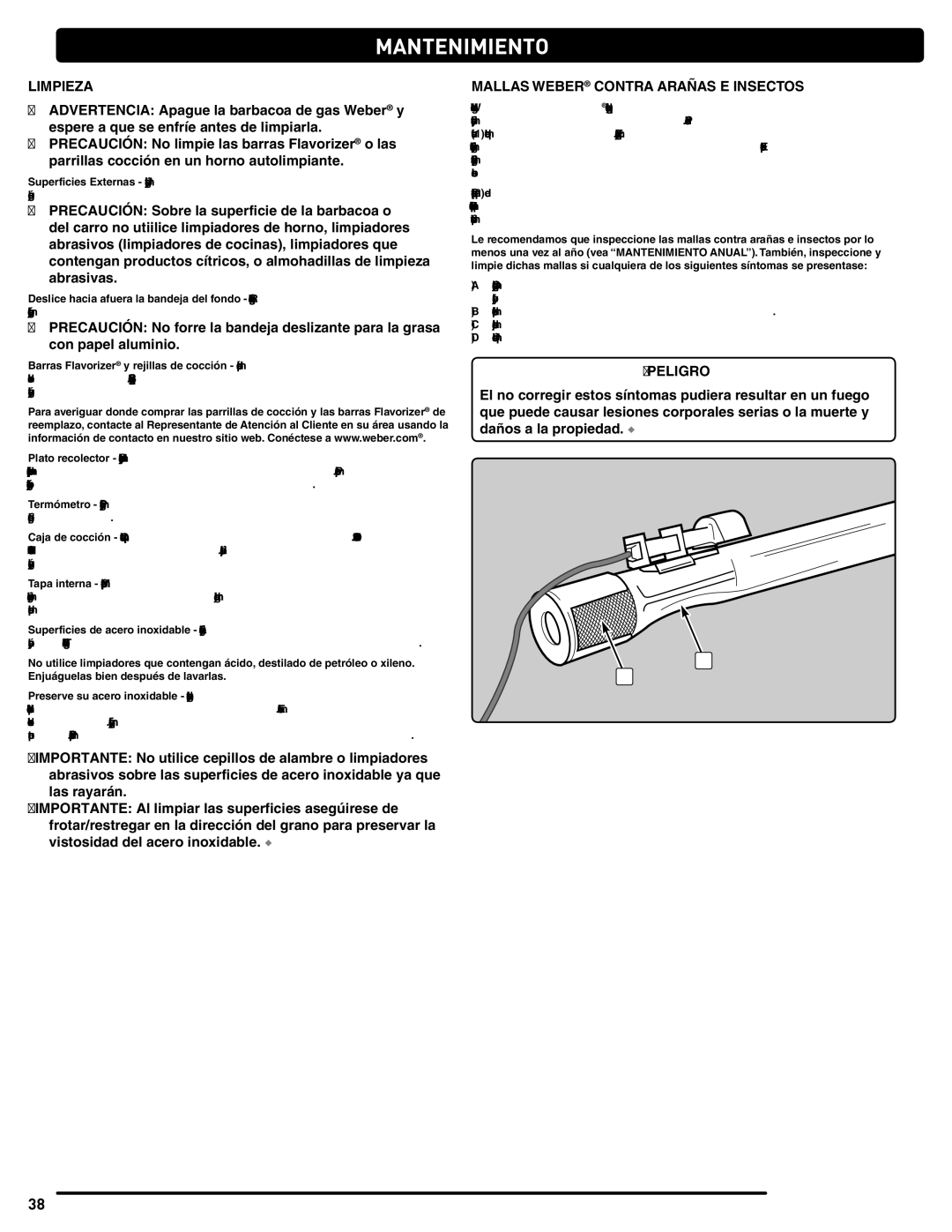 Weber 56514 manual Mantenimiento, Limpieza, Mallas Weber Contra Arañas E Insectos 