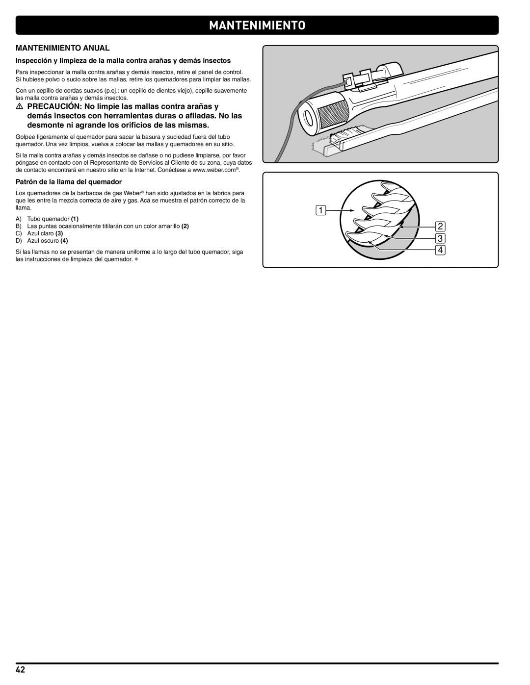 Weber 56514 manual Mantenimiento Anual, Patrón de la llama del quemador 