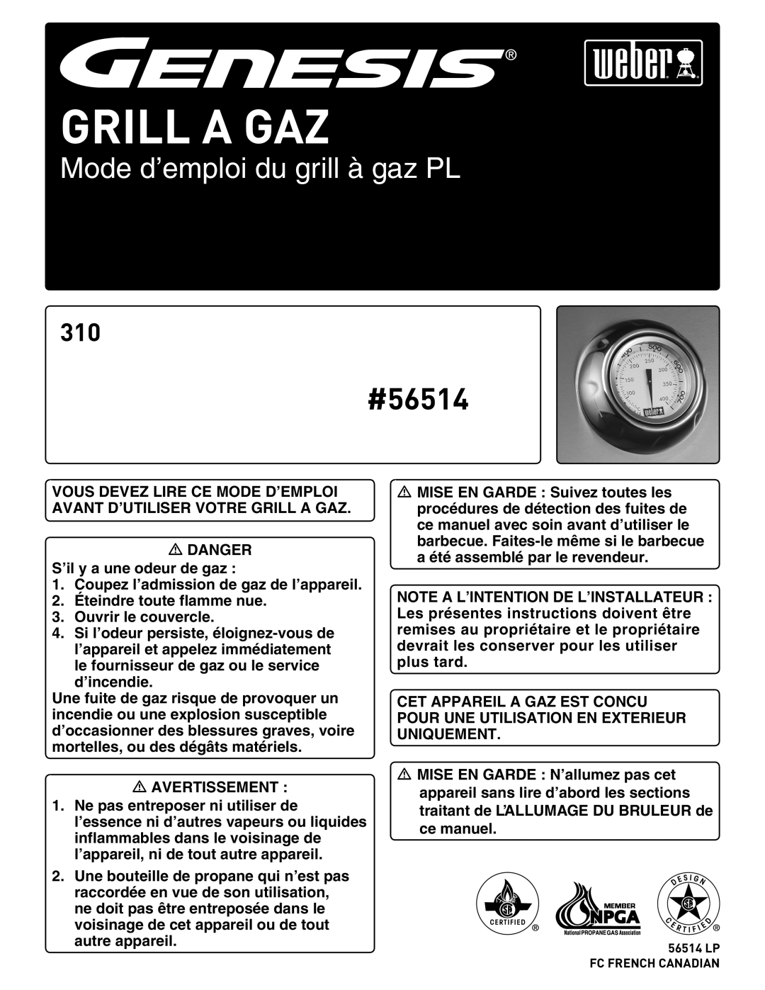 Weber 56514 manual Grill a GAZ 