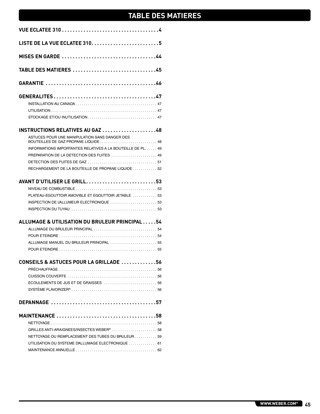 Weber 56514 manual Table DES Matieres, Instructions Relatives AU GAZ 