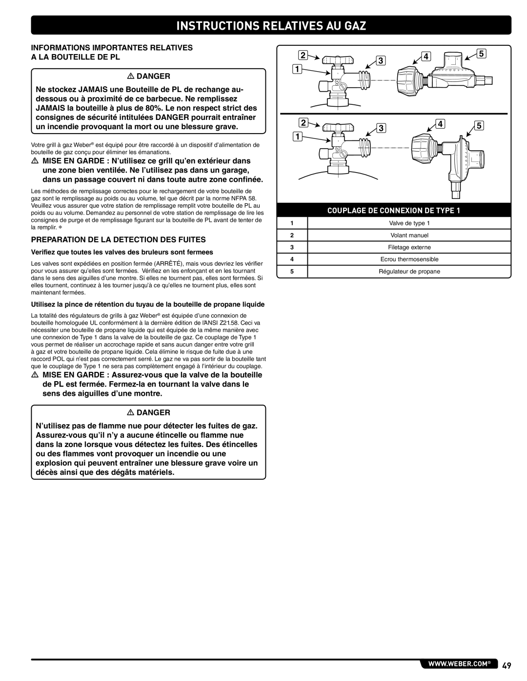 Weber 56514 manual Informations Importantes Relatives LA Bouteille DE PL, Preparation DE LA Detection DES Fuites 