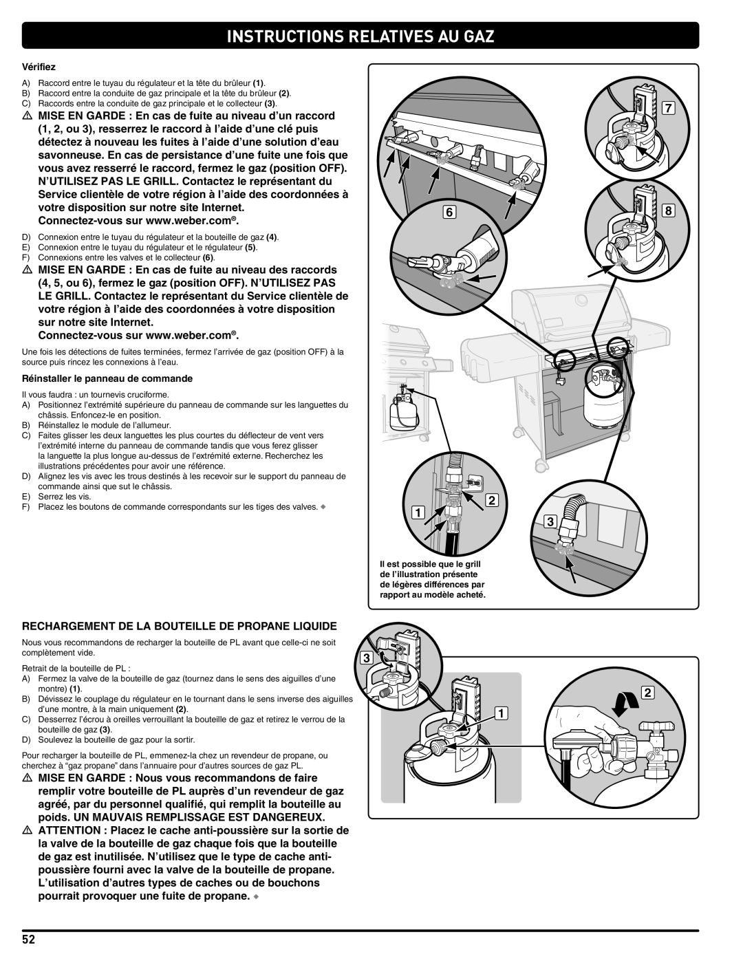 Weber 56514 manual Rechargement DE LA Bouteille DE Propane Liquide, Vérifiez, Réinstaller le panneau de commande 