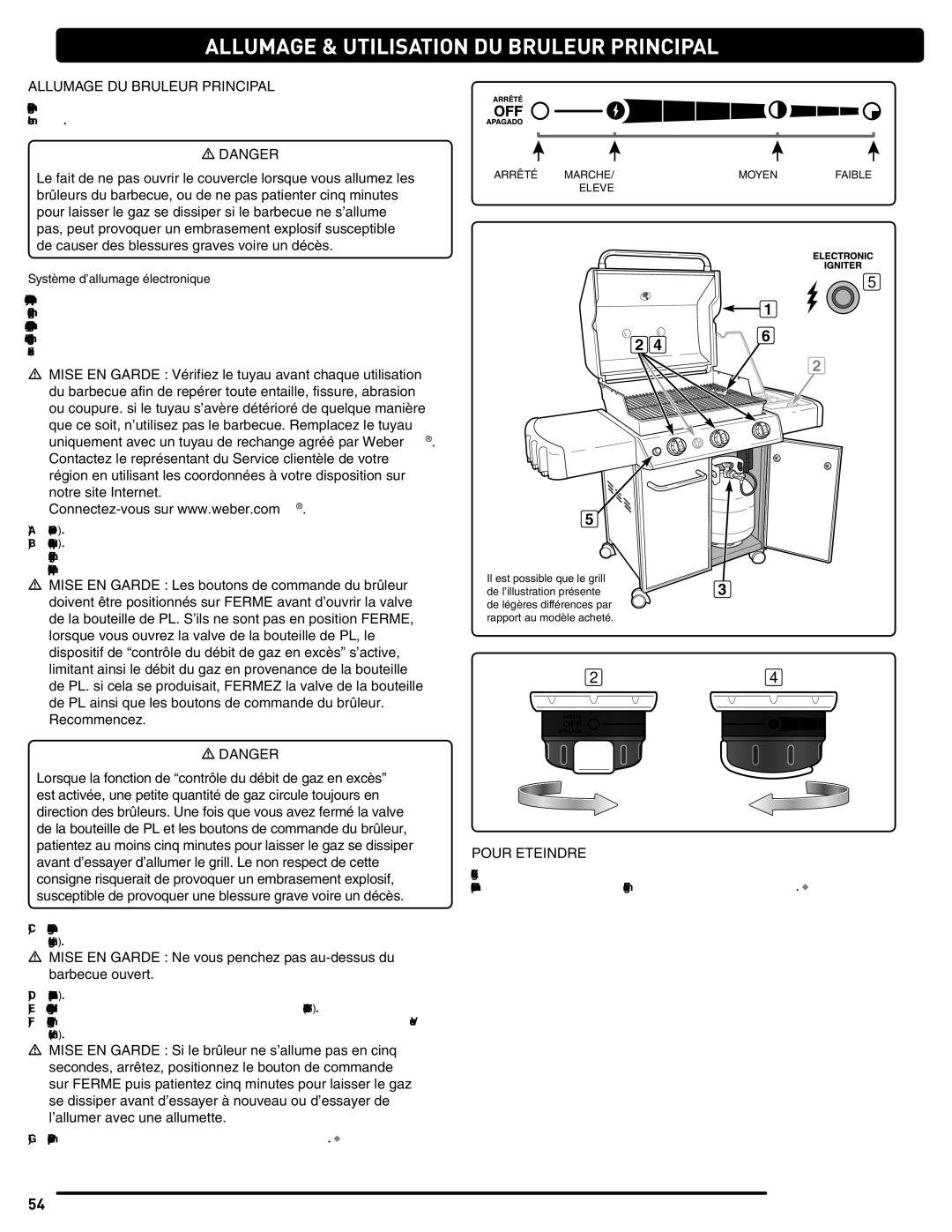 Weber 56514 manual Allumage & Utilisation DU Bruleur Principal, Allumage DU Bruleur Principal, Pour Eteindre 