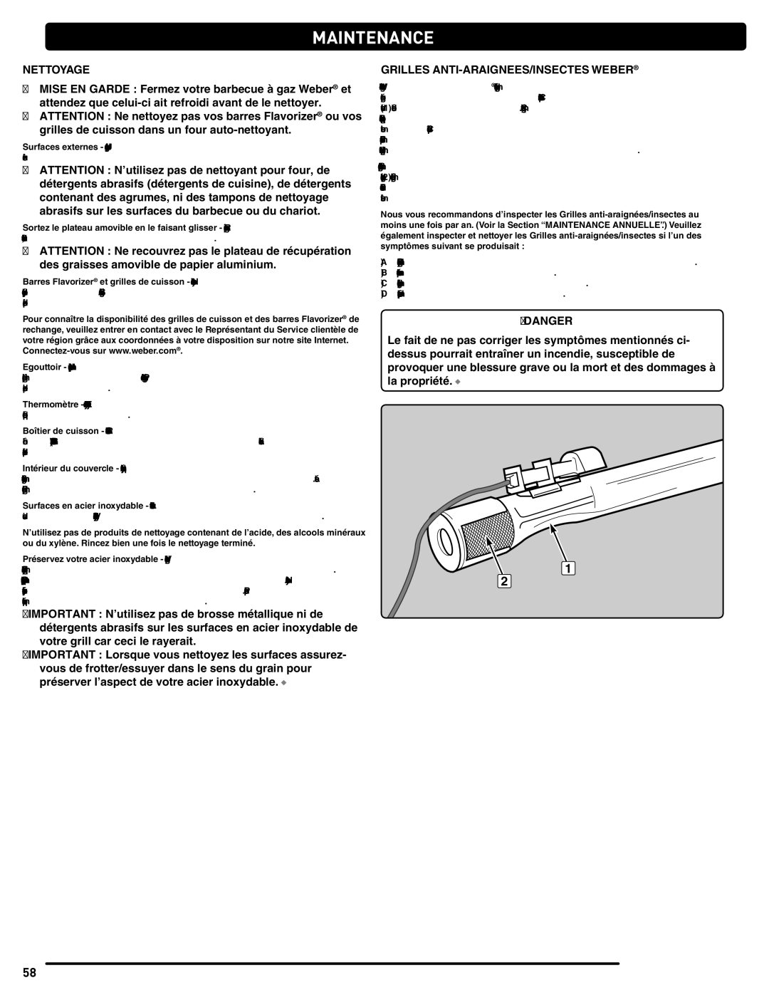 Weber 56514 manual Nettoyage, Grilles ANTI-ARAIGNEES/INSECTES Weber 