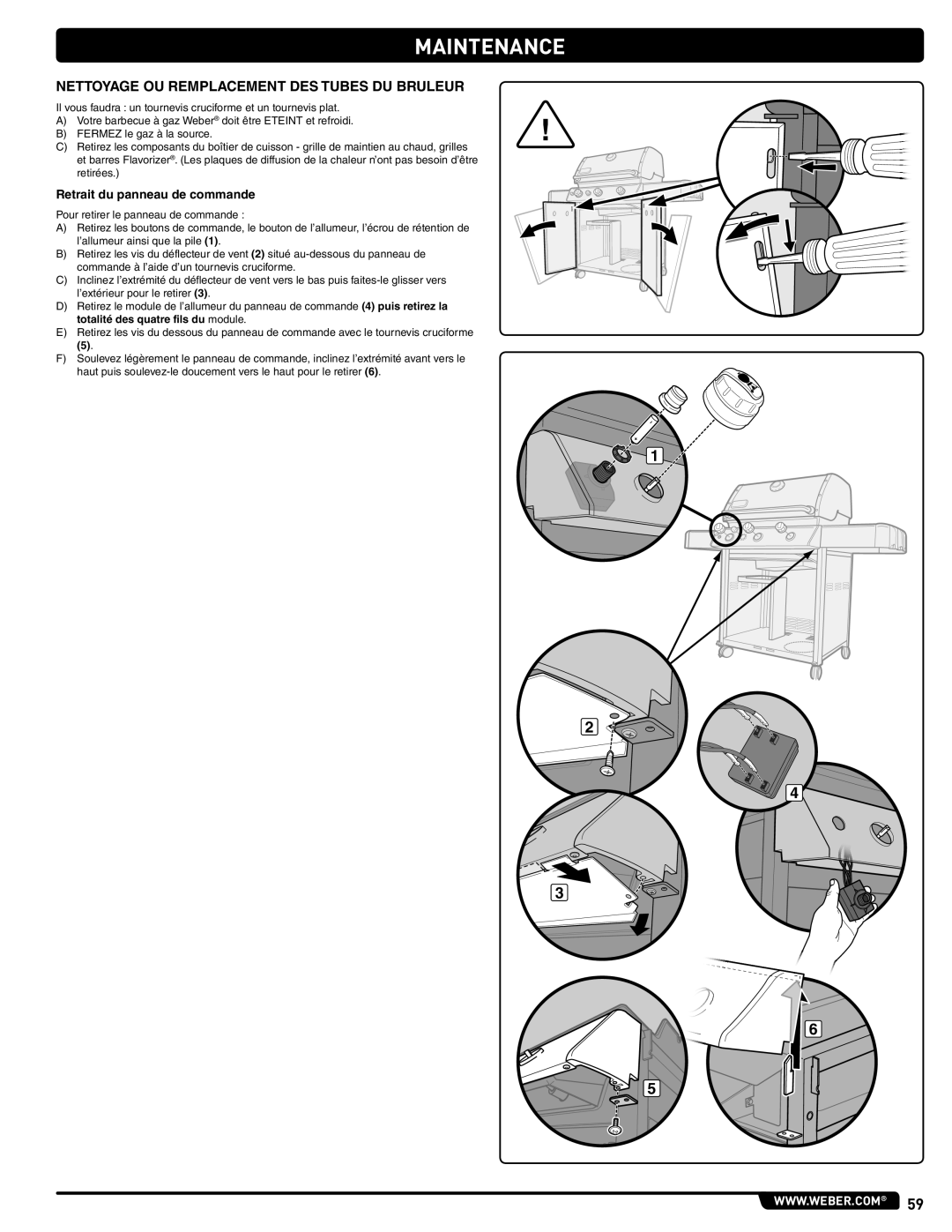 Weber 56514 manual Nettoyage OU Remplacement DES Tubes DU Bruleur, Retrait du panneau de commande 