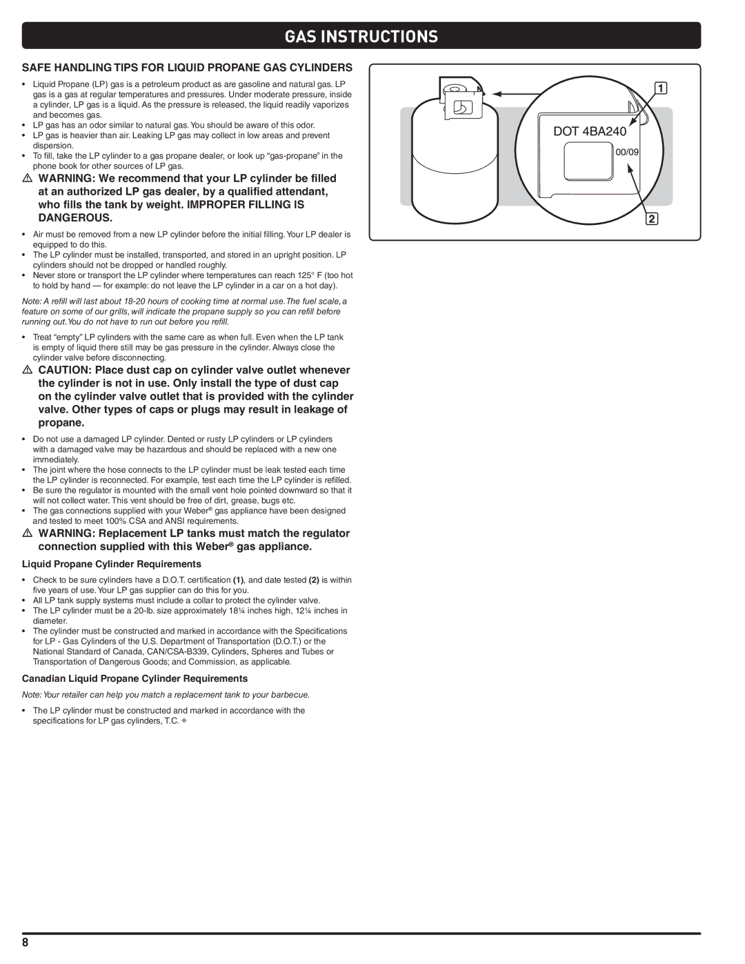 Weber 56514 GAS Instructions, Safe Handling Tips for Liquid Propane GAS Cylinders, Liquid Propane Cylinder Requirements 