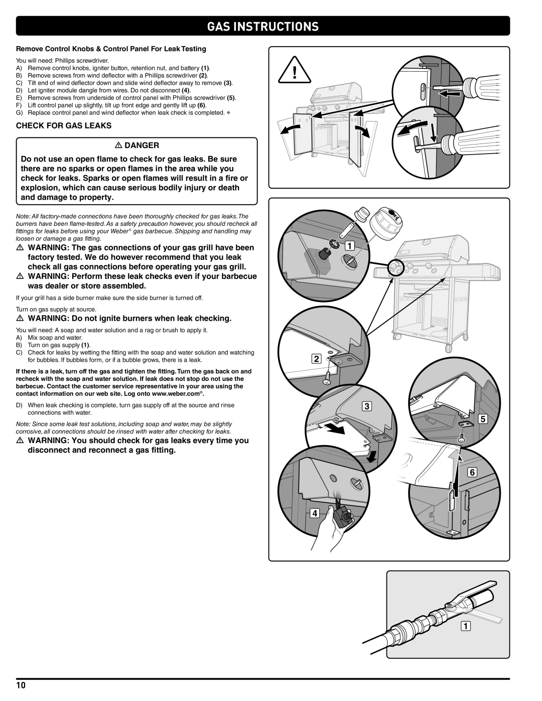 Weber 56515 manual Check for GAS Leaks, Remove Control Knobs & Control Panel For Leak Testing 