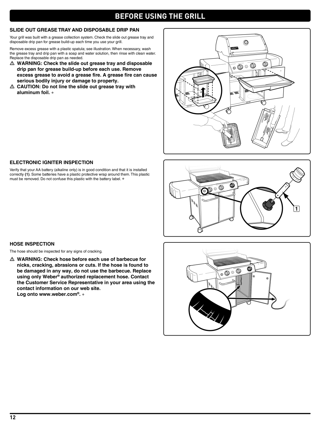 Weber 56515 manual Before Using the Grill, Slide OUT Grease Tray and Disposable Drip PAN, Electronic Igniter Inspection 