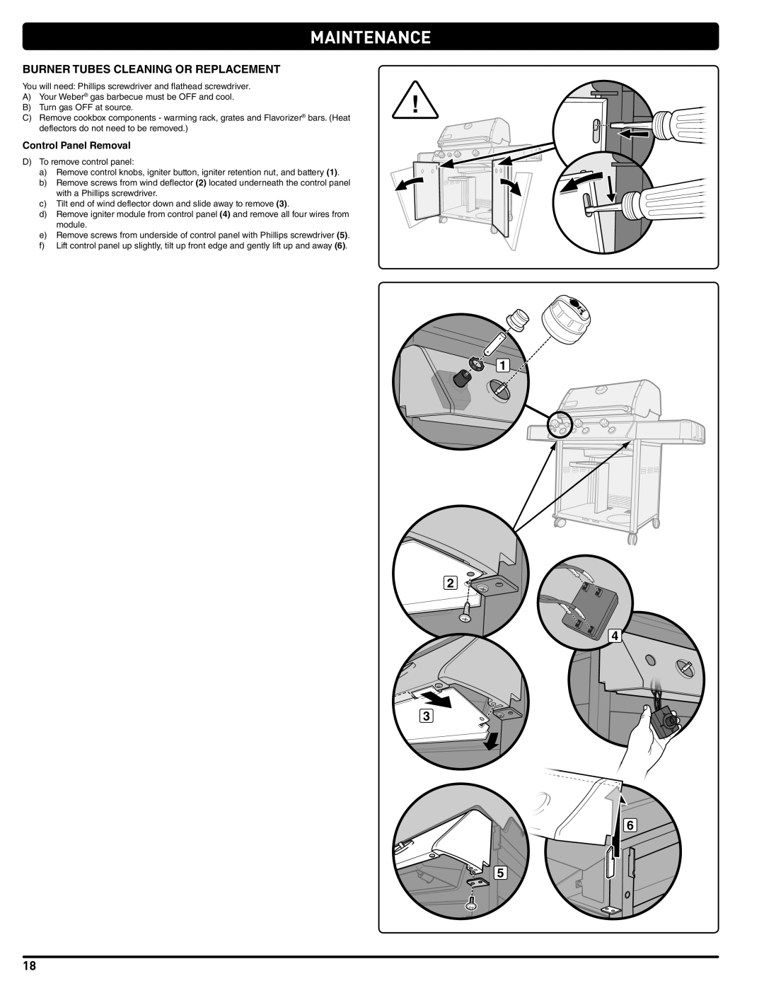 Weber 56515 manual Burner Tubes Cleaning or Replacement, Control Panel Removal 