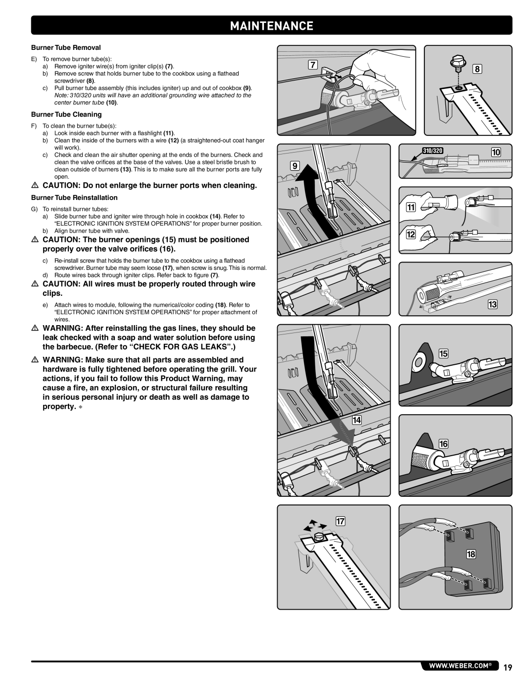 Weber 56515 manual Burner Tube Removal, Burner Tube Cleaning, Burner Tube Reinstallation 