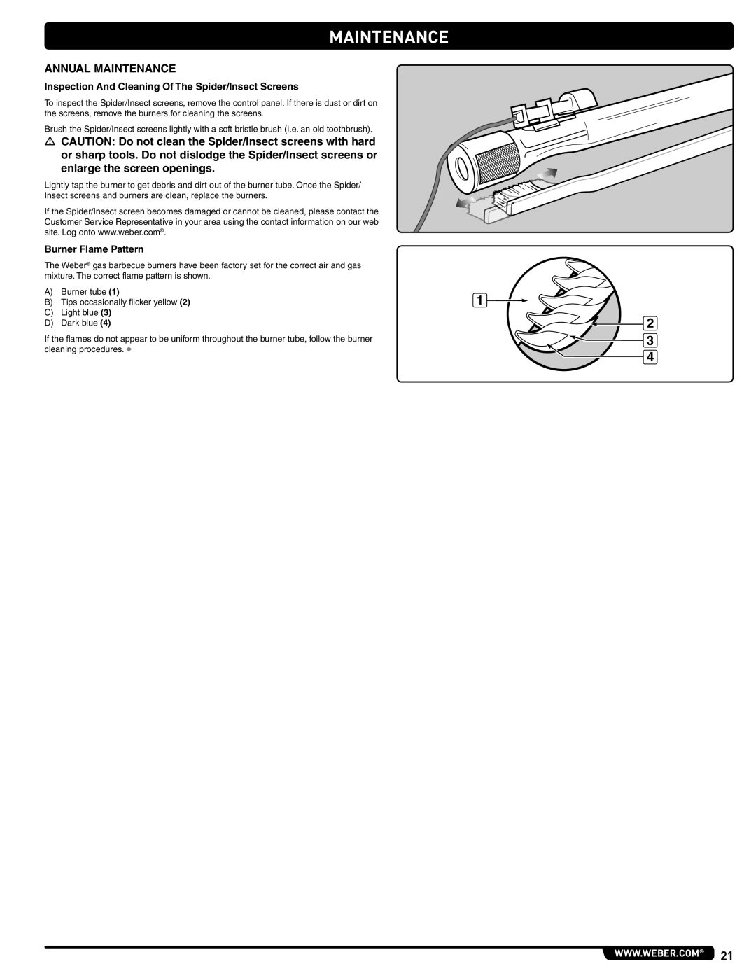 Weber 56515 manual Annual Maintenance, Inspection And Cleaning Of The Spider/Insect Screens, Burner Flame Pattern 