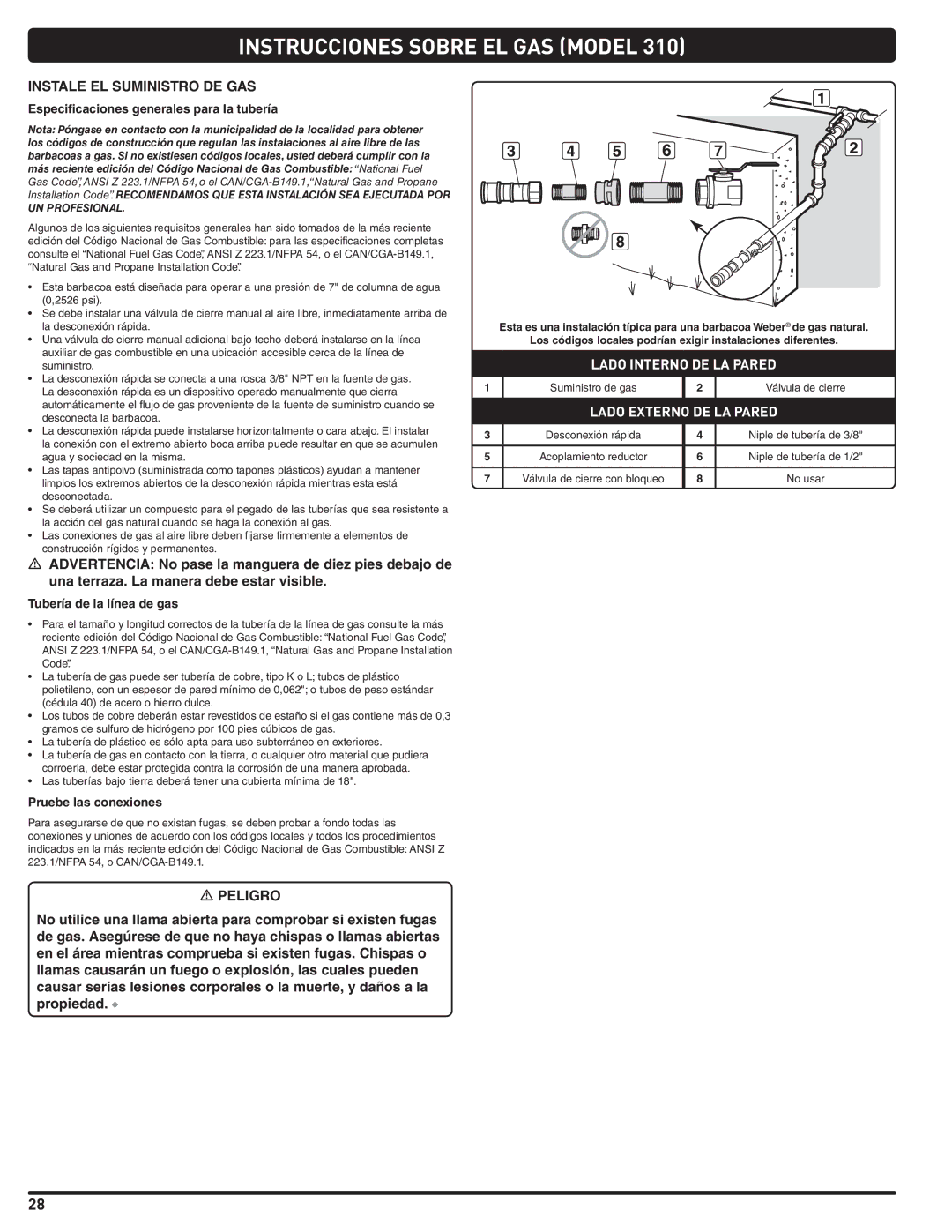 Weber 56515 Instrucciones Sobre EL GAS Model, Instale EL Suministro DE GAS, Especificaciones generales para la tubería 