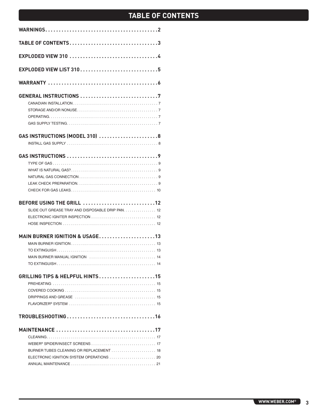 Weber 56515 manual Table of Contents 