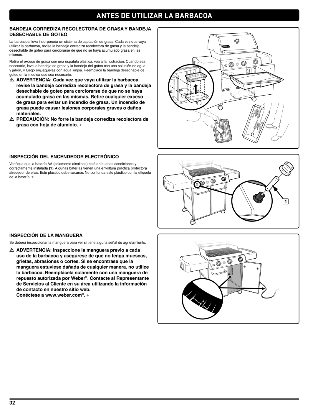 Weber 56515 manual Antes DE Utilizar LA Barbacoa, Inspección DEL Encendedor Electrónico, Inspección DE LA Manguera 